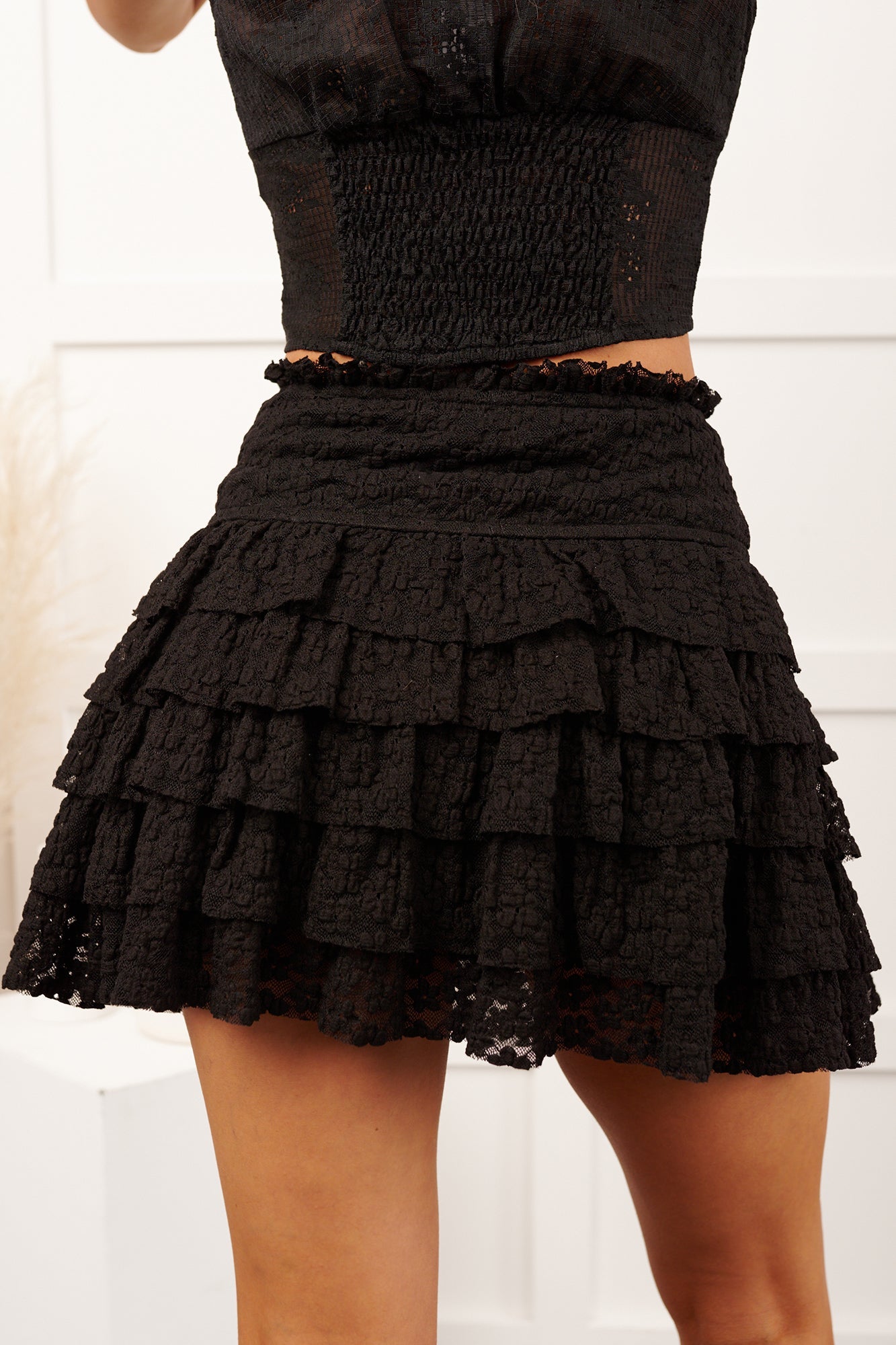 My First Kiss Lace Ruffled Layered Mini Skirt (Black)