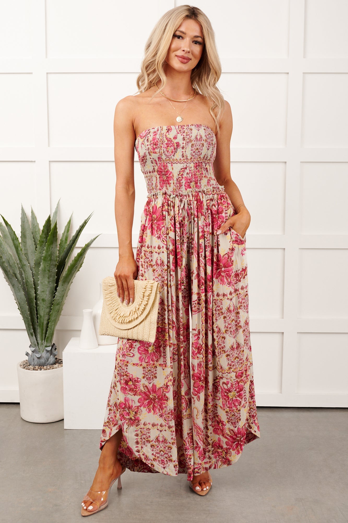 Catch Feelings Floral Print Strapless Jumpsuit (Green)