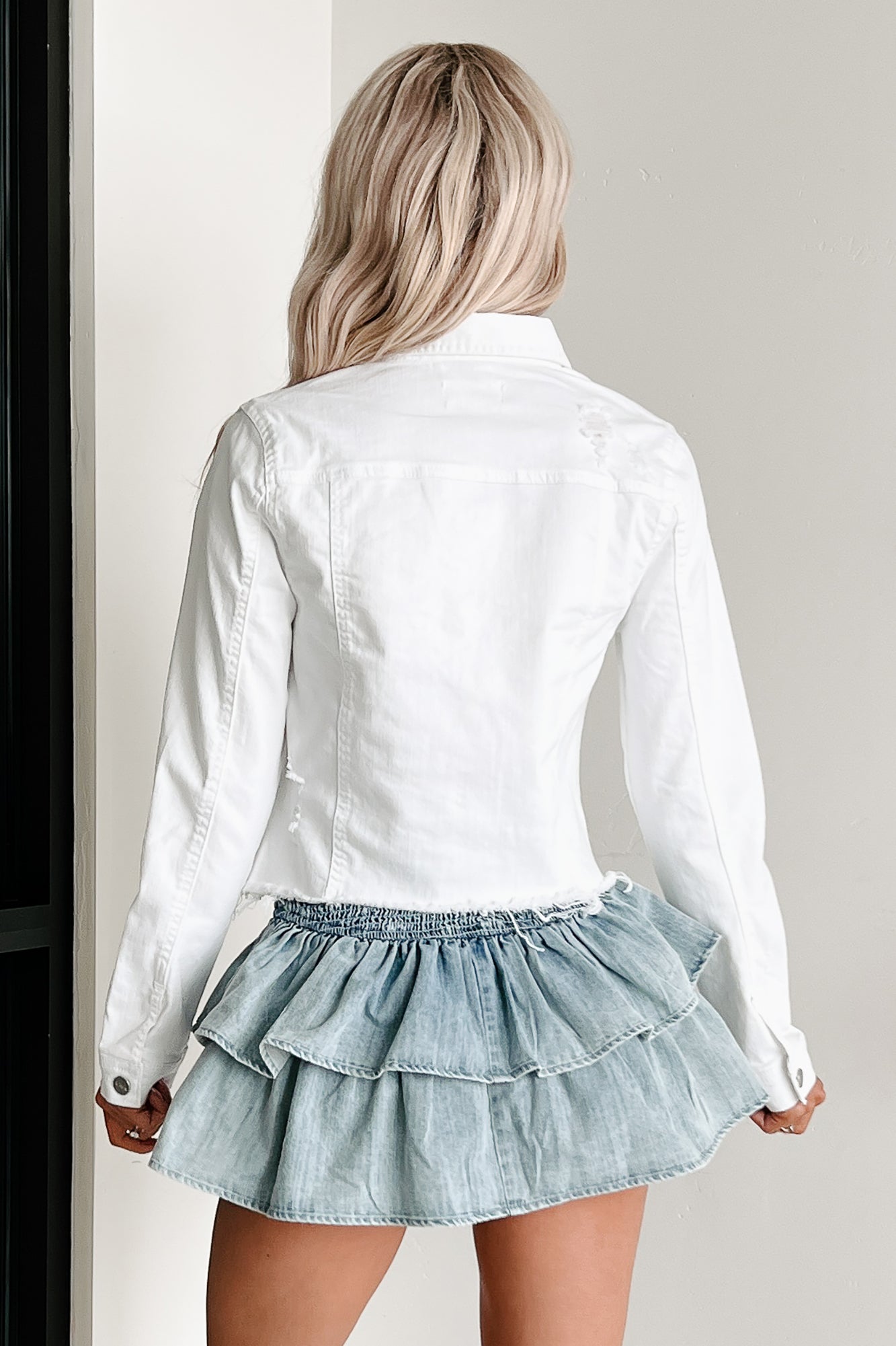 Casual Coolness Raw Hem Denim Jacket (White)