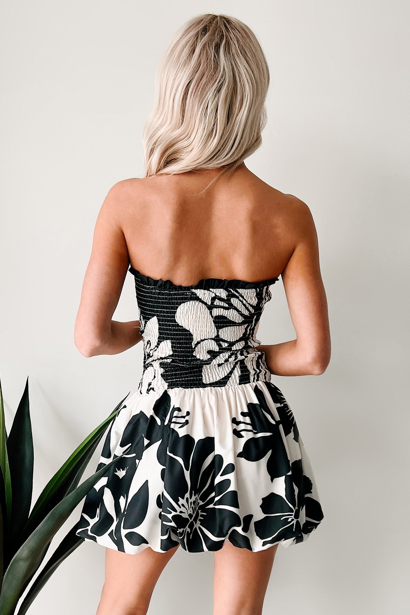 Island Escape Strapless Smocked Bubble Mini Dress (Black)