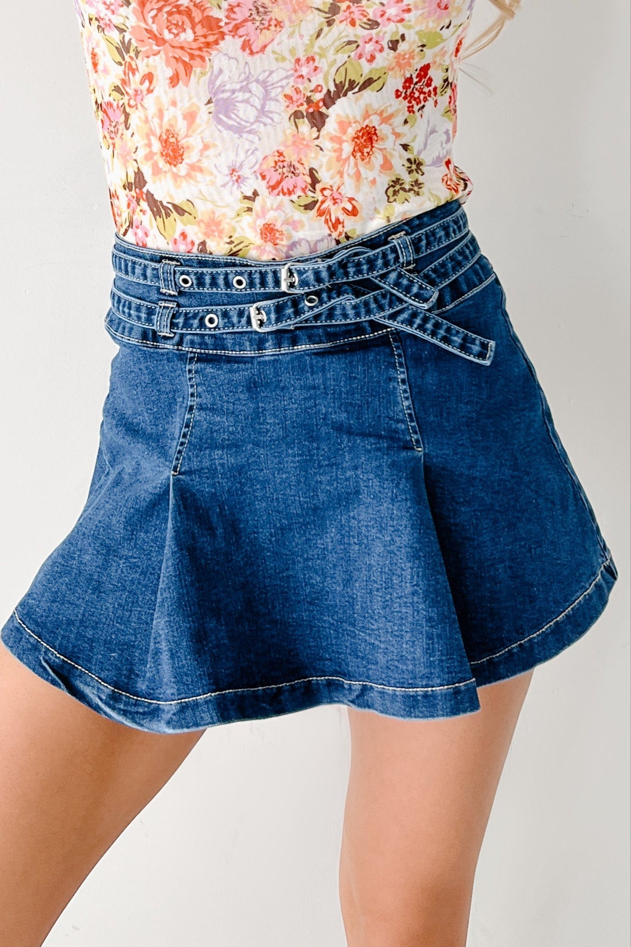 Cool, Calm & Collected Belted Denim Mini Skirt (Blue)