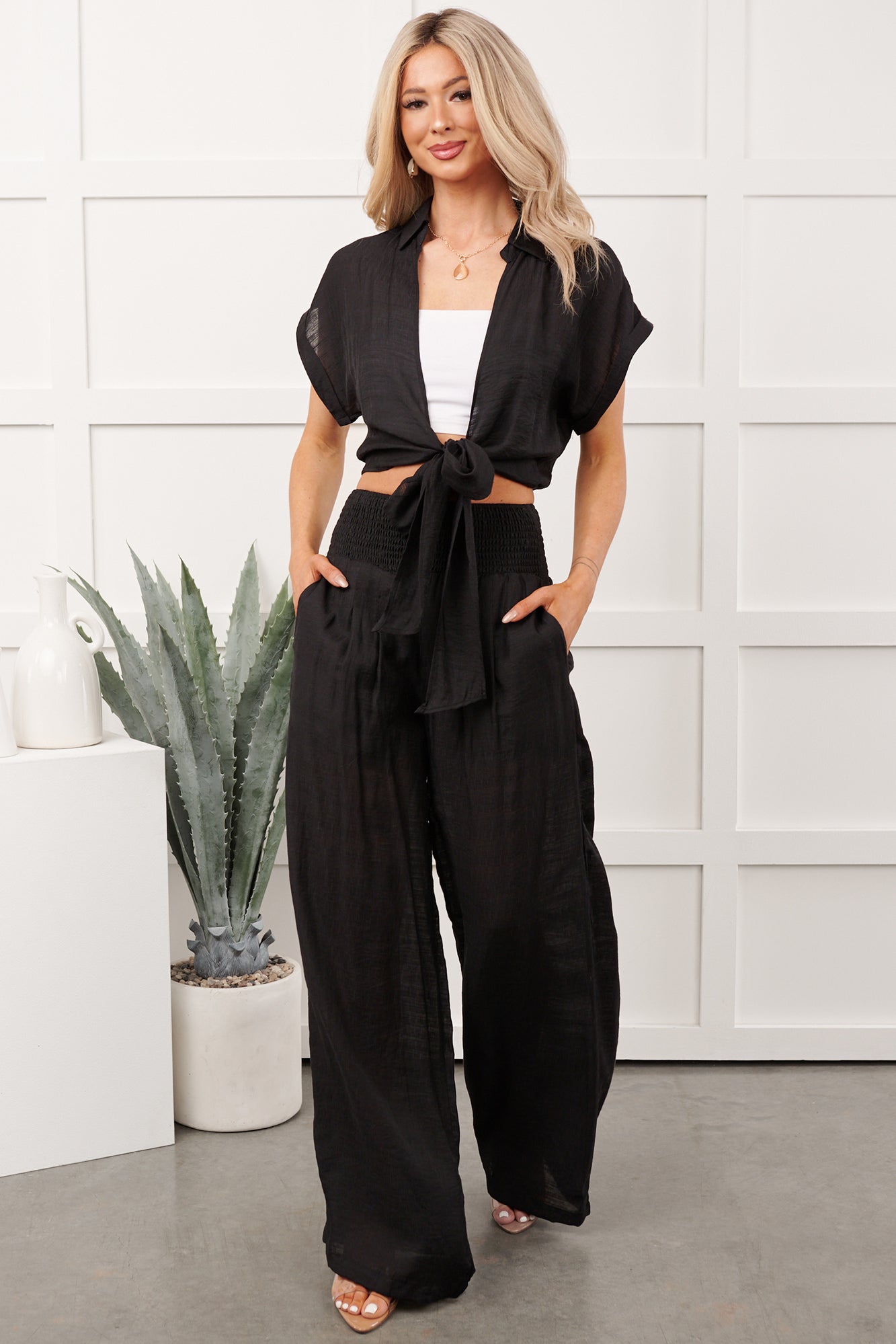 You're The Boss Tie Front Top And Smocked Pants Set (Black)