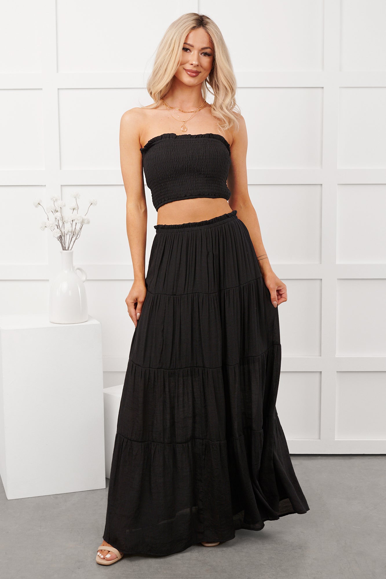 Stay Simple Smocked Bandeau & Maxi Skirt Set (Black)