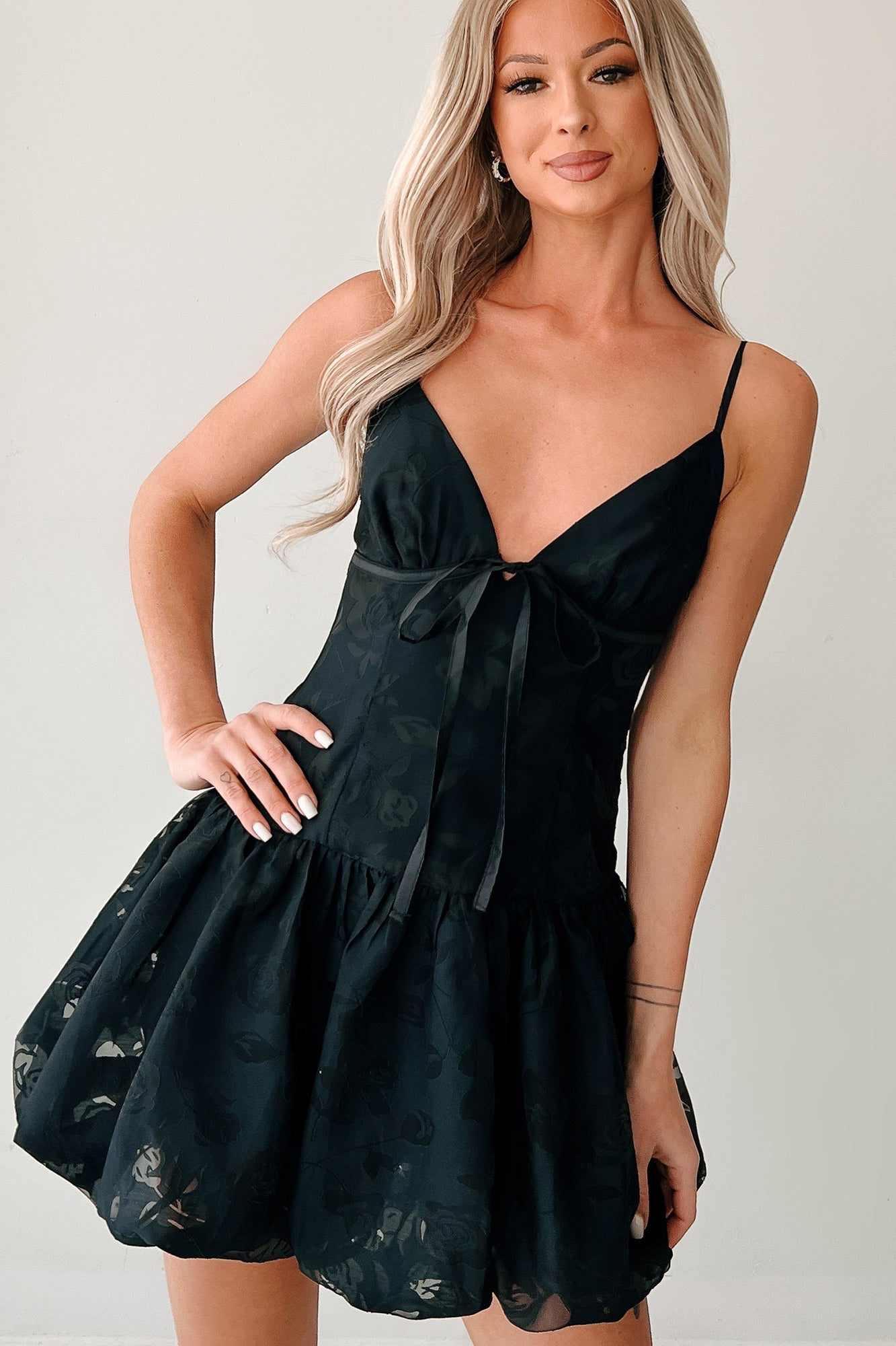 Bloom Brightly Floral Bubble Hem Mini Dress (Black)