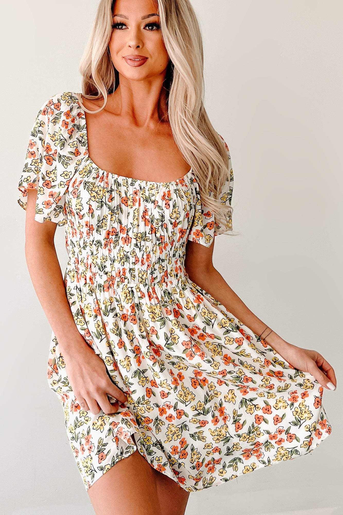 Pink Skies Floral Mini Dress (Cream)