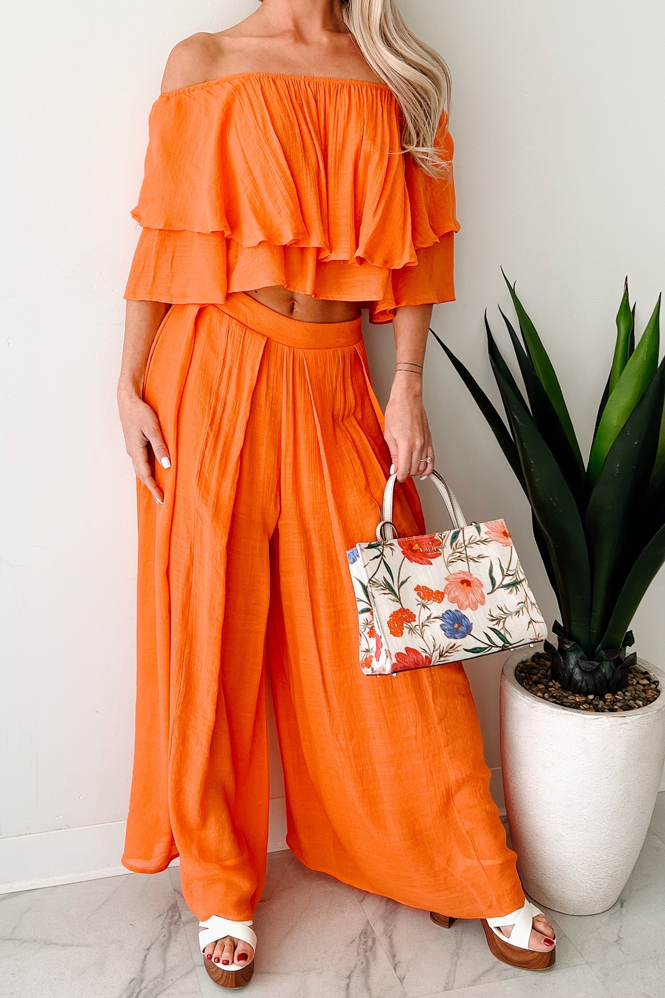 Stay Grounded Off Shoulder Flowy Pant Set (Orange)