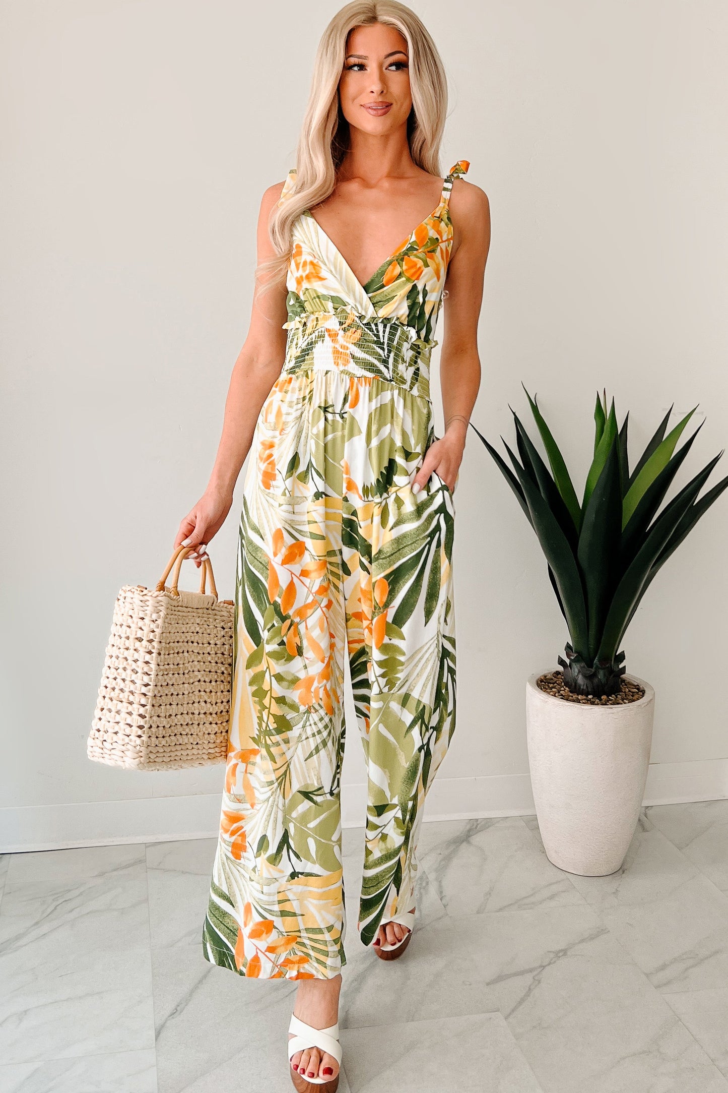Flirt With Life Smocked Tropical Jumpsuit (Ivory/Green)