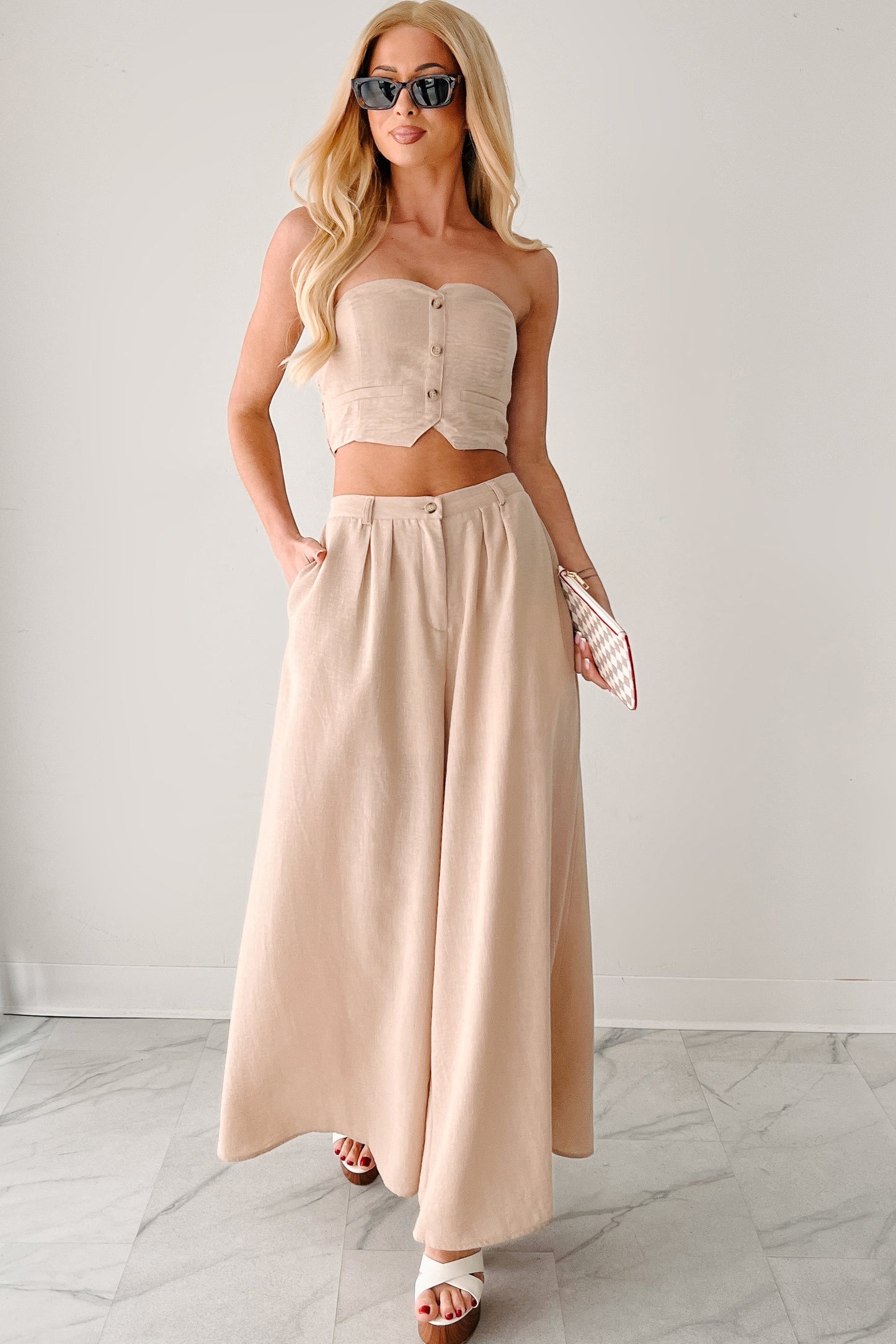 Heartthrob Moments Strapless Crop Top & Pant Set (Beige)