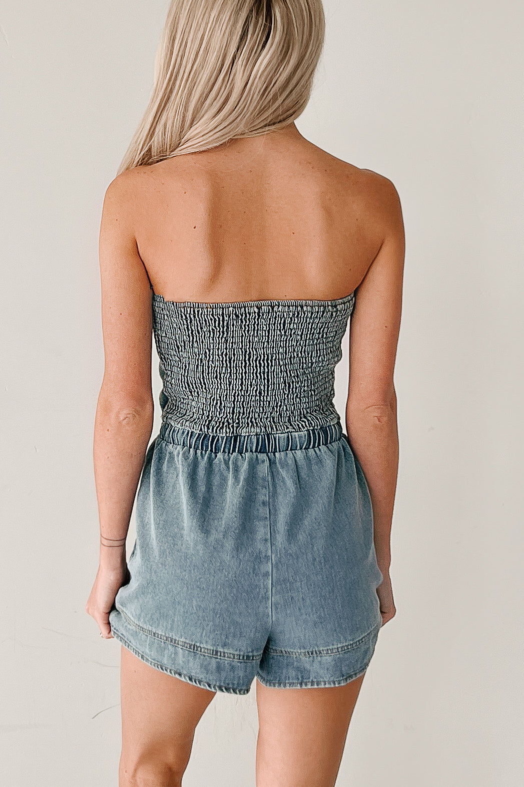 High Noon Honey Strapless Denim Romper (Light Denim)