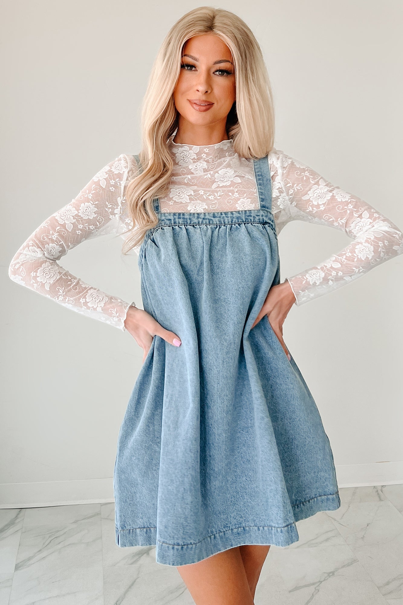 Day By Day Sleeveless Babydoll Mini Dress (Denim)