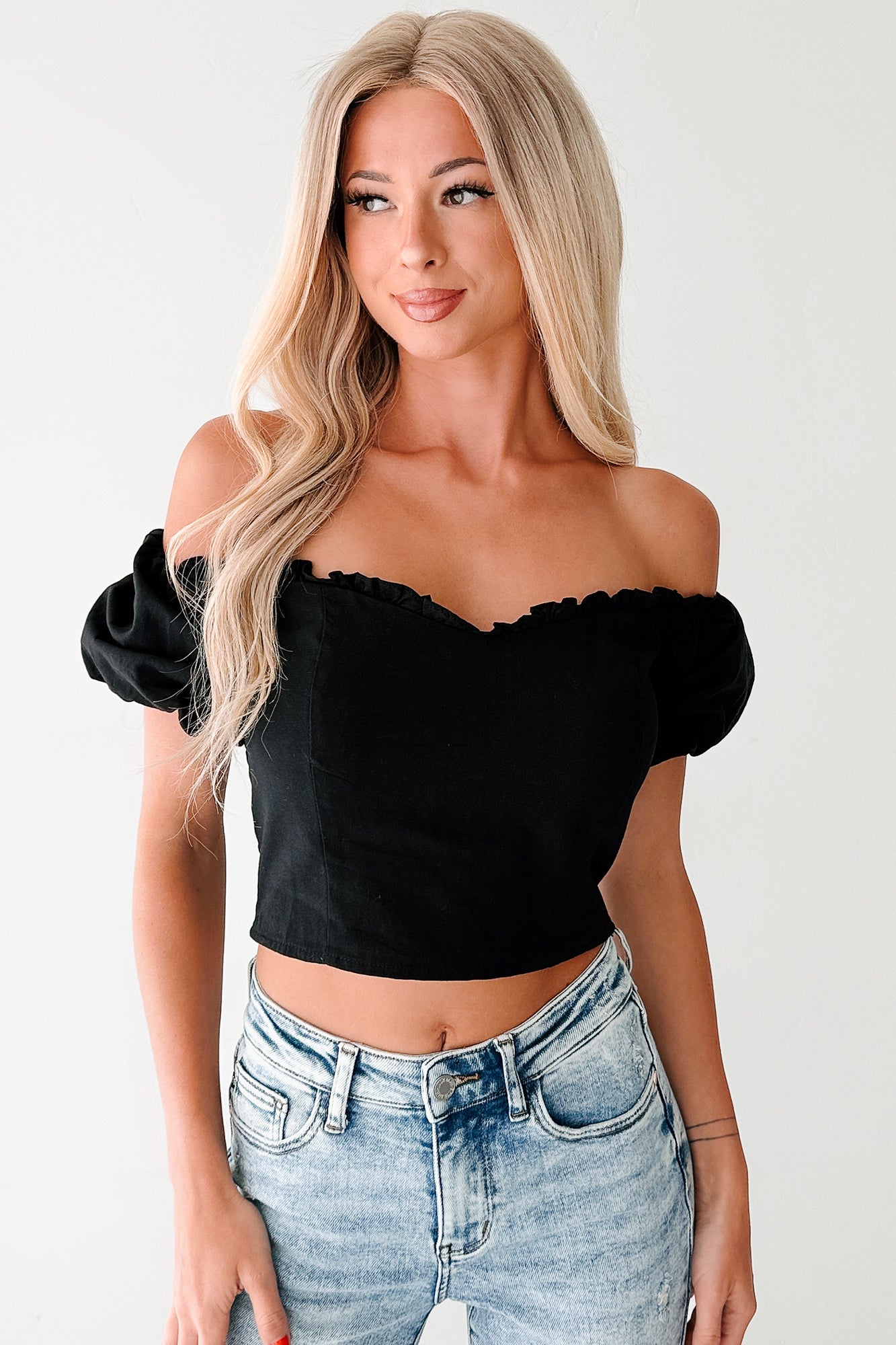 Call Me Cute Puff Sleeve Sweetheart Top (Black)