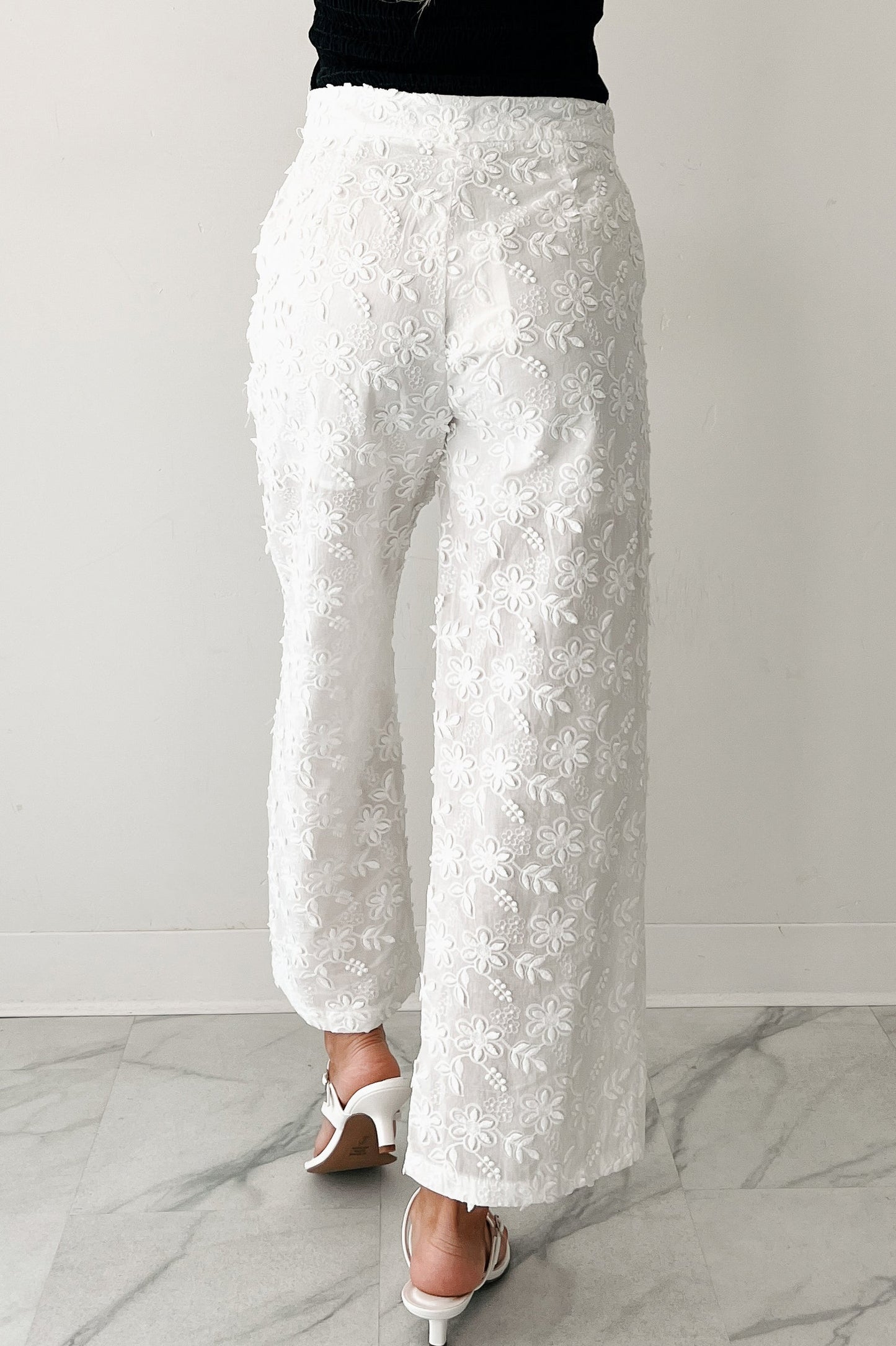 Rise & Shine Floral Embroidered Wide Leg Pants (White)