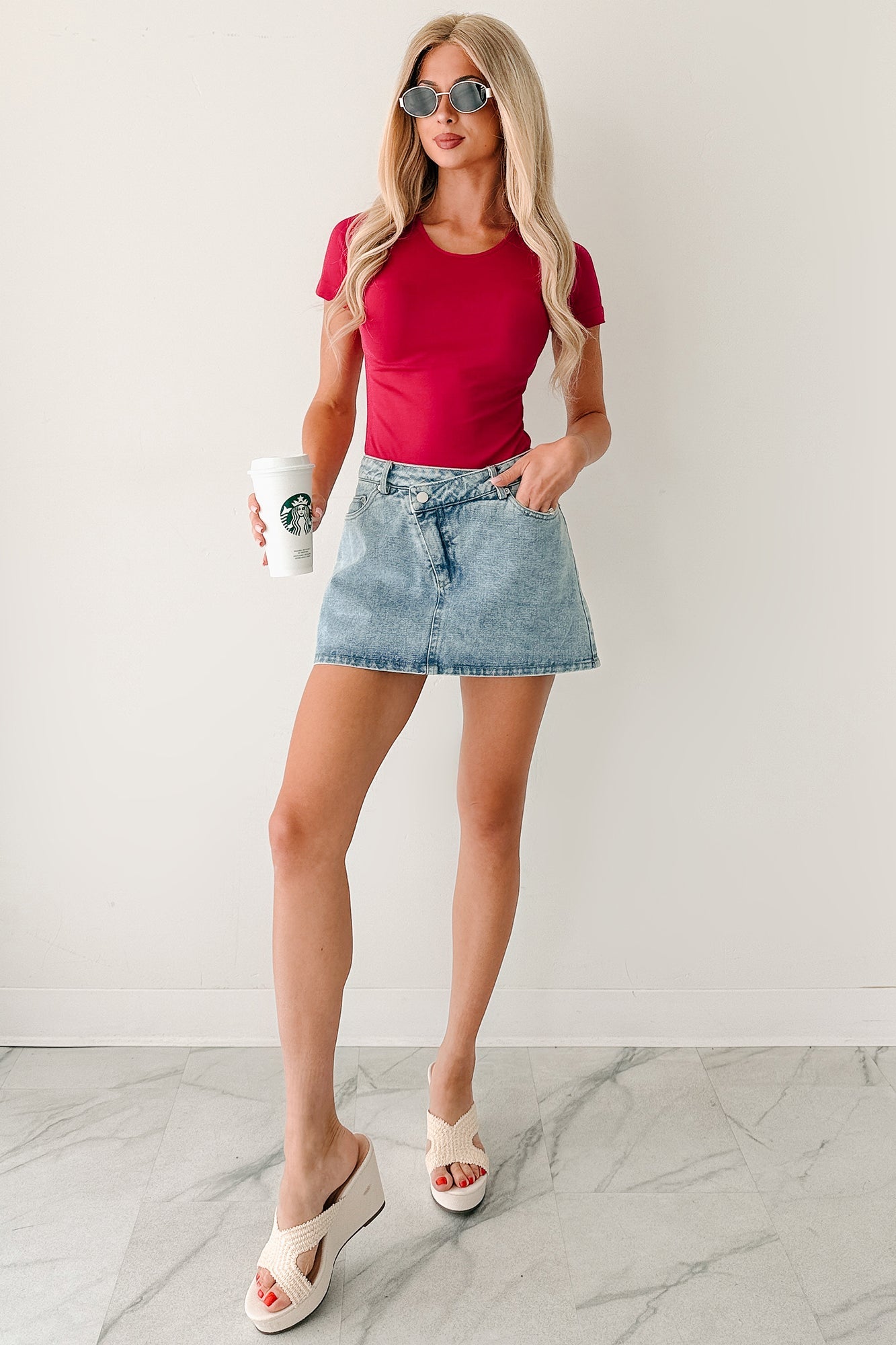 Babe Behavior Mid Rise Denim Mini Skort (Light)