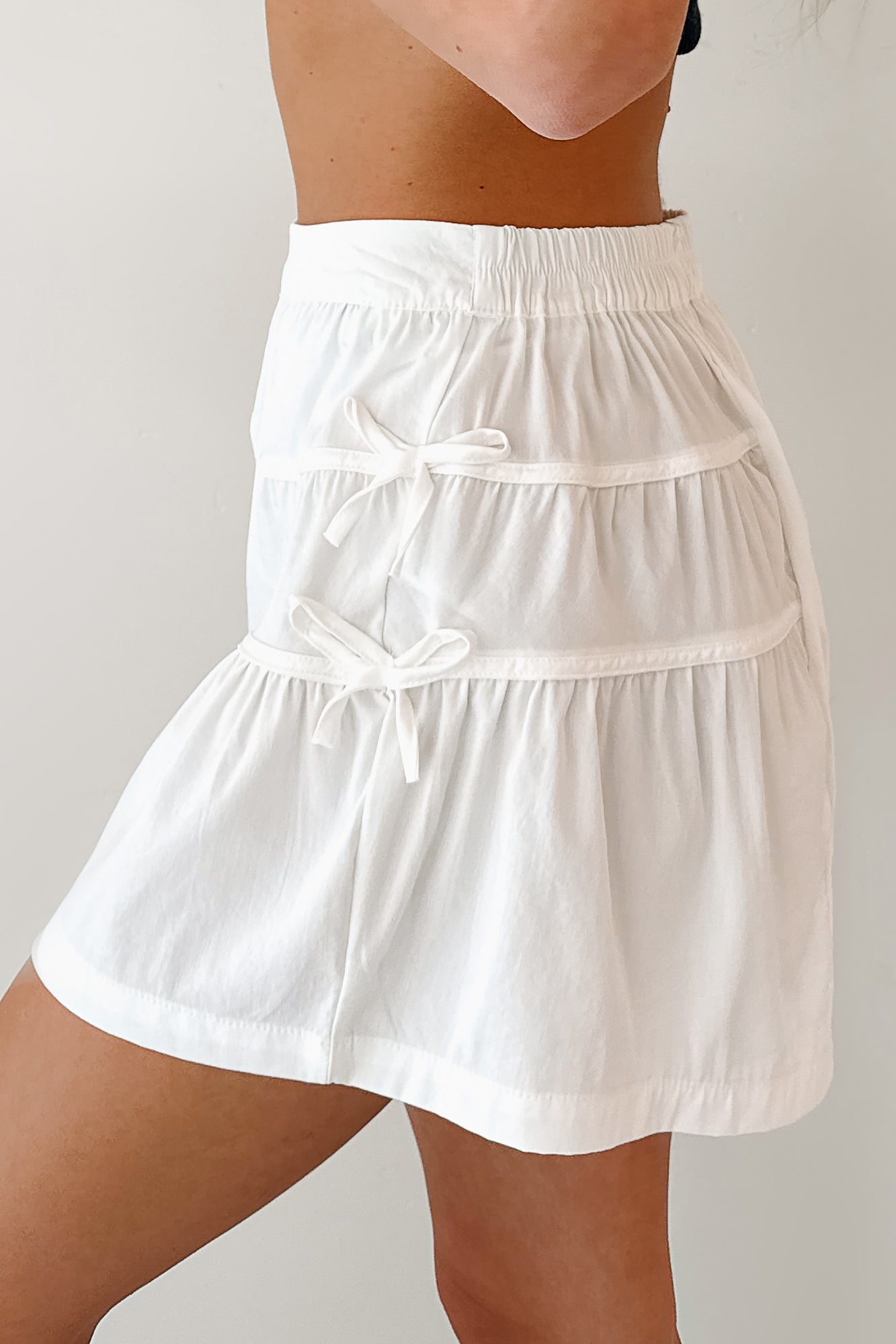 Glow Up Season Bow Detail Smocked Waist Shorts (Off White)