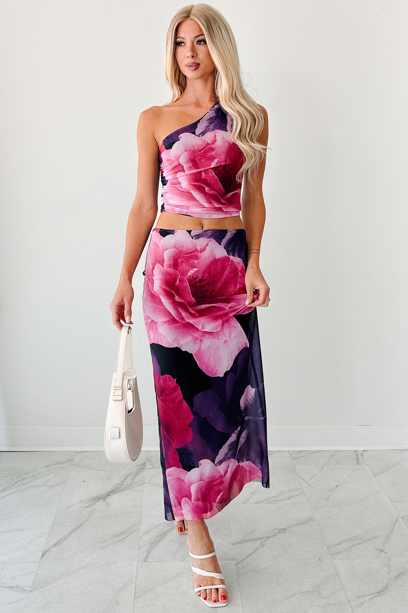 Mood Manifest Floral Mesh Midi Skirt (Pink/Purple)