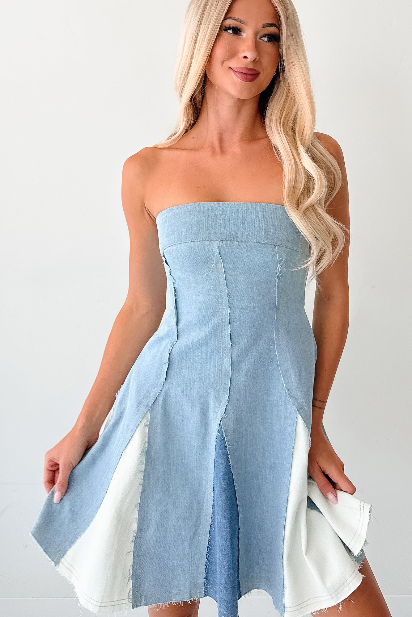 Burning Bright Strapless Contrast Mini Dress (Denim)