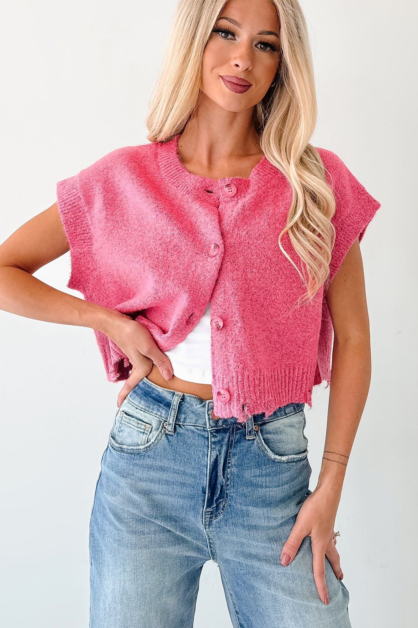 Undemanding Comfort Distressed Button-Up Sweater Vest (Pink)