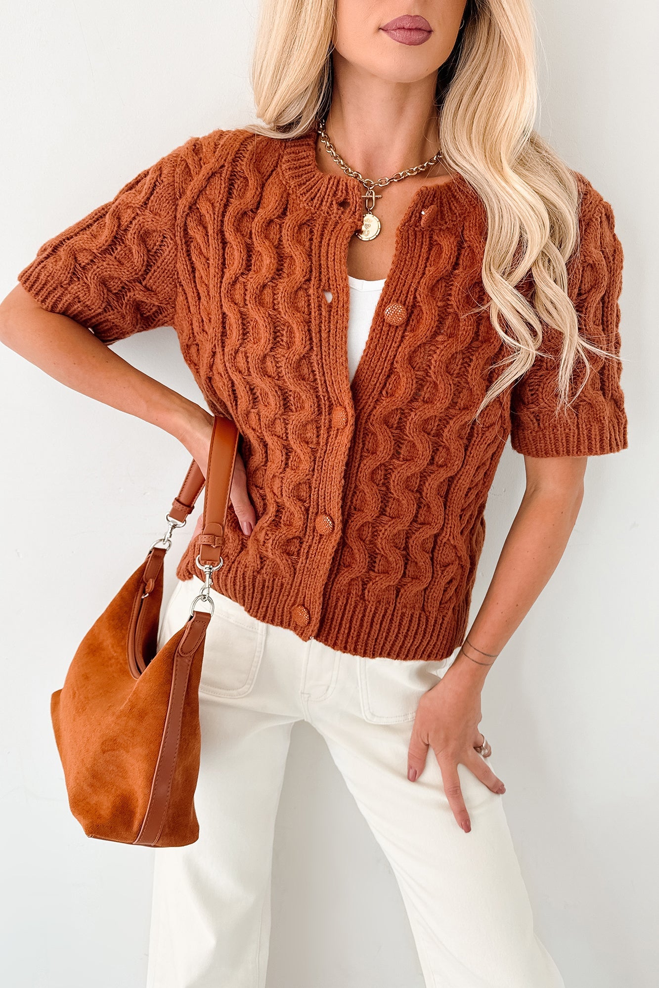 Just Being Modest Short Sleeve Button-Up Sweater (Brick)
