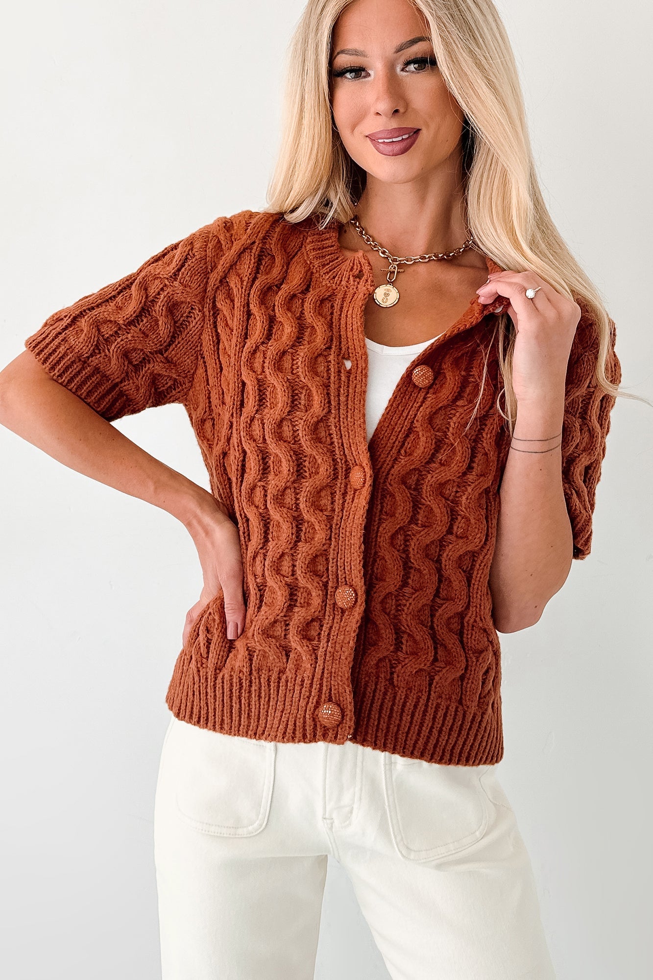 Just Being Modest Short Sleeve Button-Up Sweater (Brick)