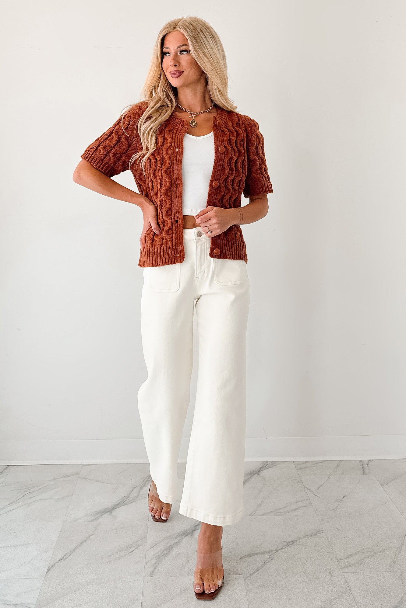 Just Being Modest Short Sleeve Button-Up Sweater (Brick)