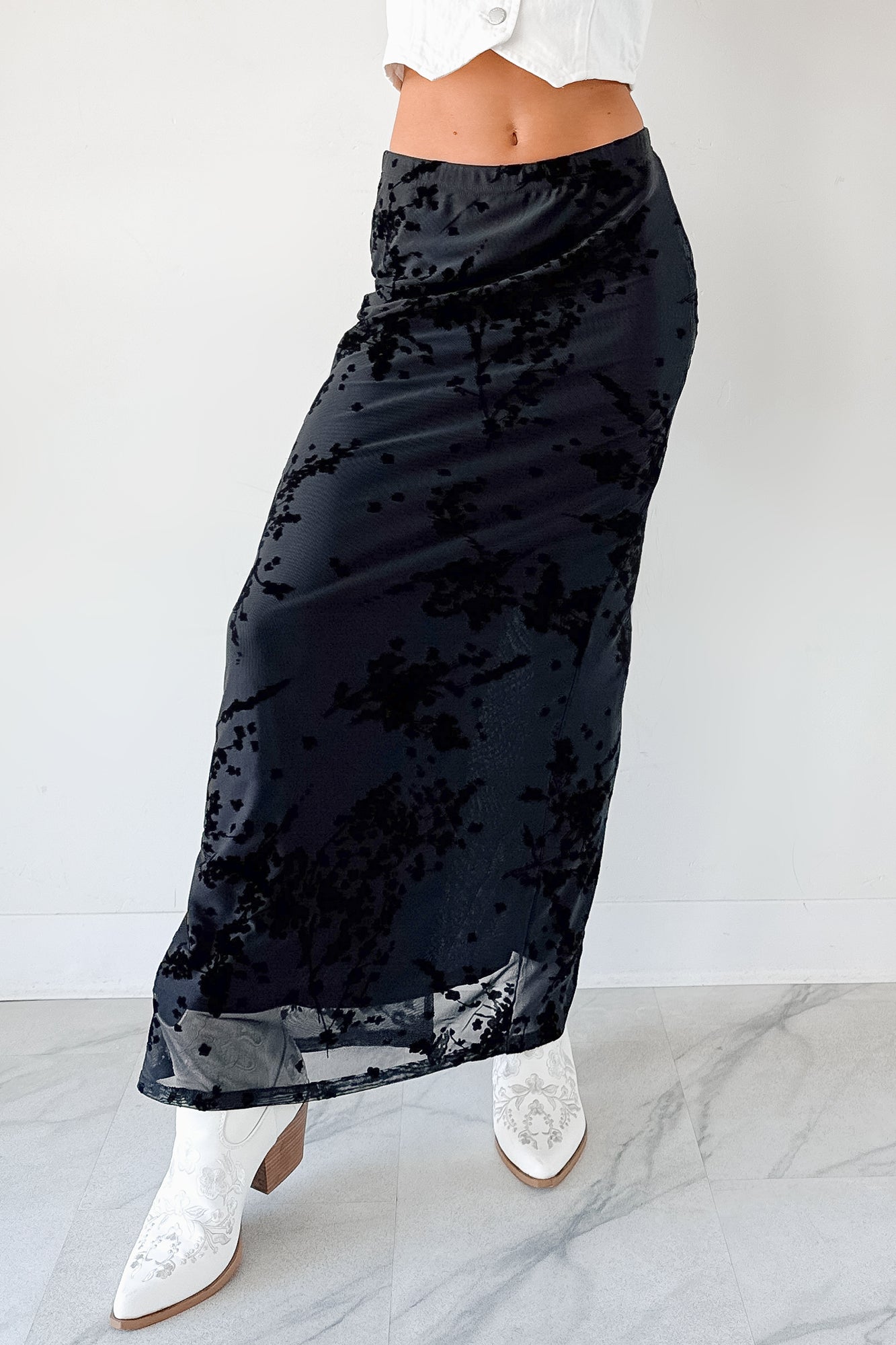 Call Me Back Floral Mesh Maxi Skirt (Black)