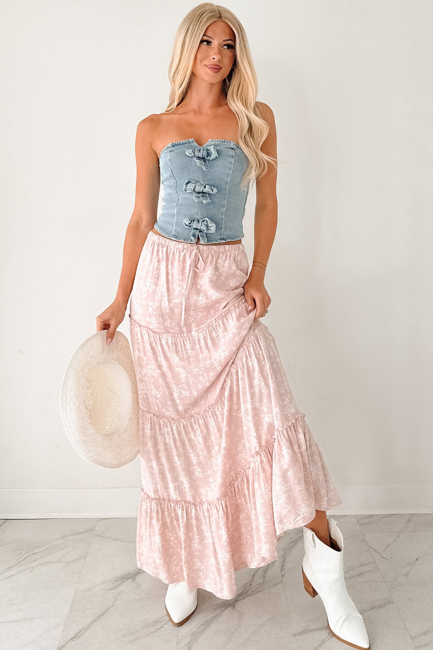 Back To Strangers Denim Bow Front Corset Top (Light Wash)