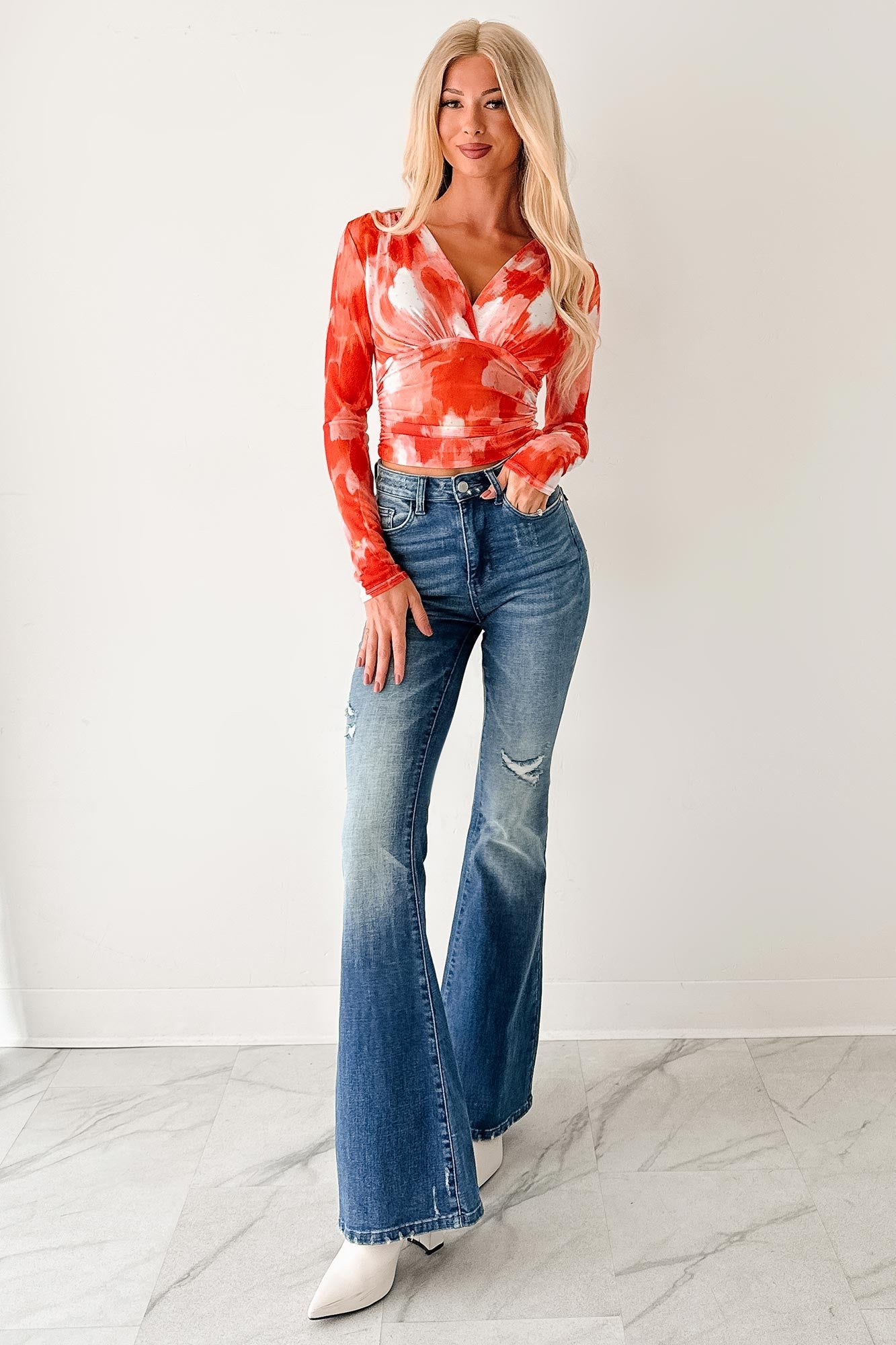 Lethal Looks Rhinestone Long Sleeve Top (Orange Combo)