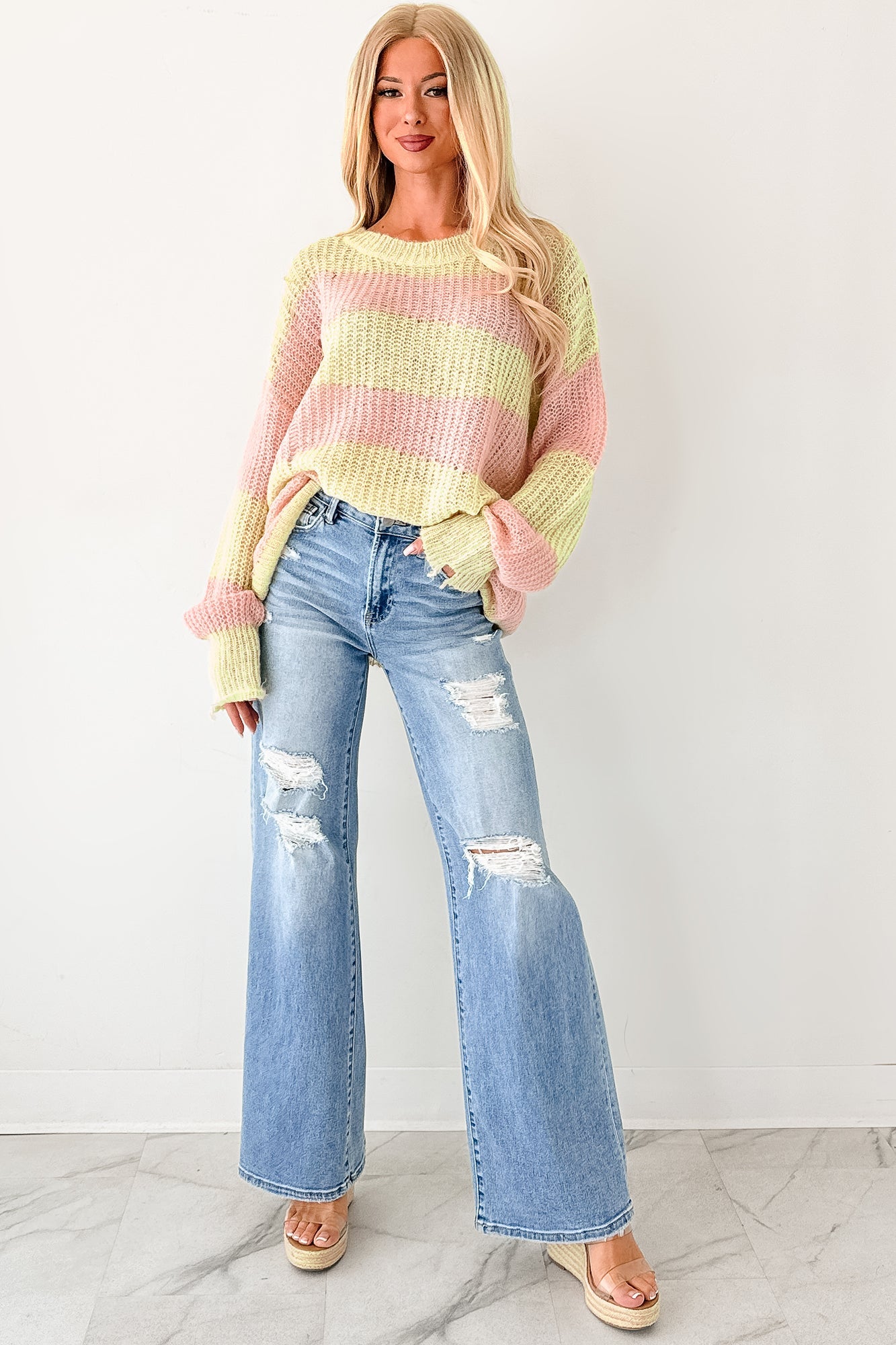 The Soft Life Signature 8 Striped Knit Pullover (Lime/Pink)