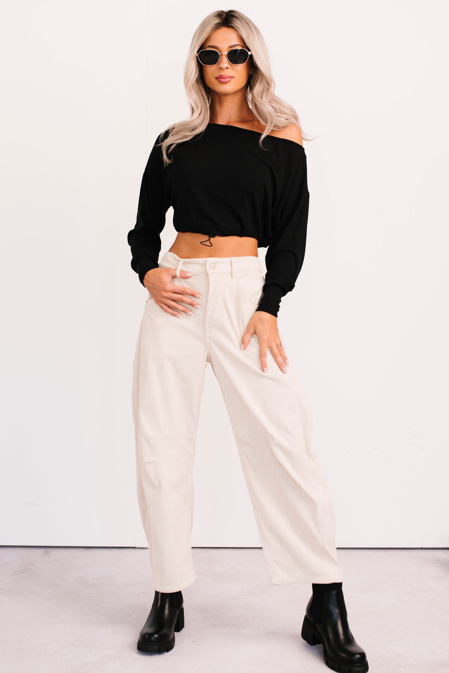 Glow Up Goals Ribbed Off The Shoulder Crop Top (Black)
