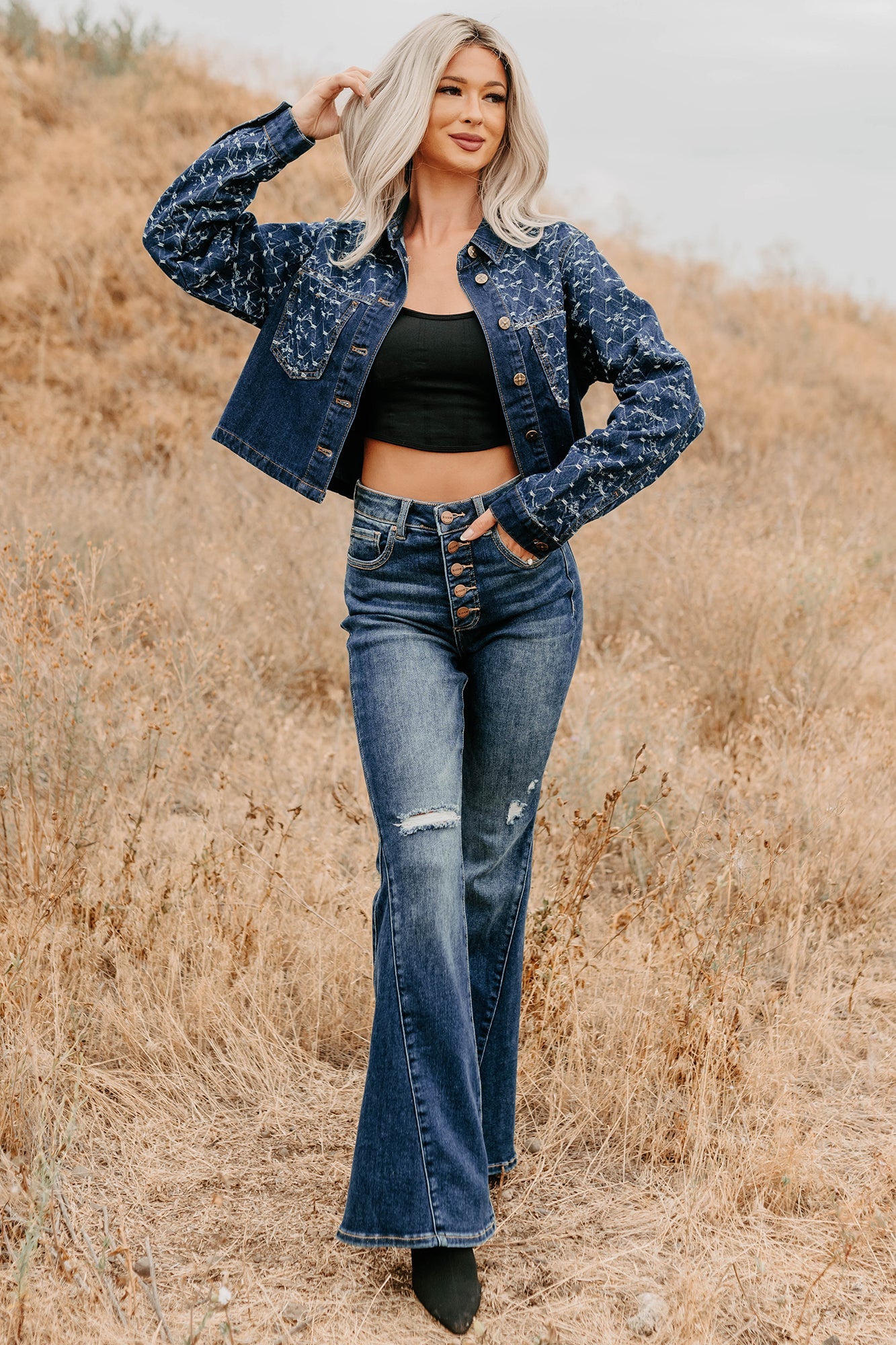 Say Less Do More Patterned Denim Jacket (Dark)