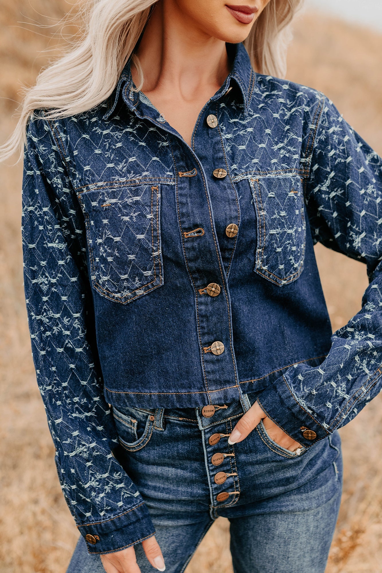Say Less Do More Patterned Denim Jacket (Dark)