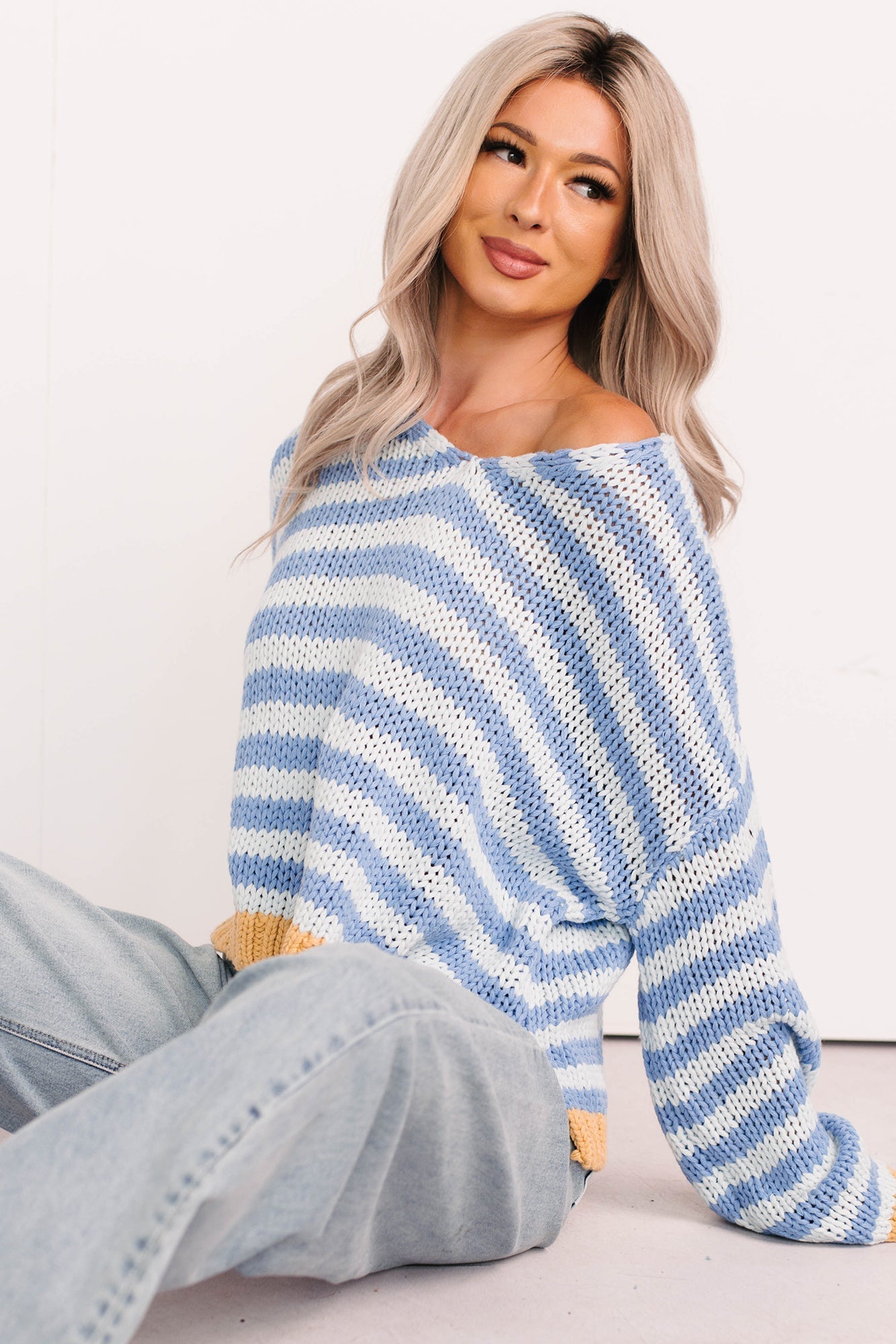 Deep Trance Relaxed Stripe Sweater (Denim/Mustard)