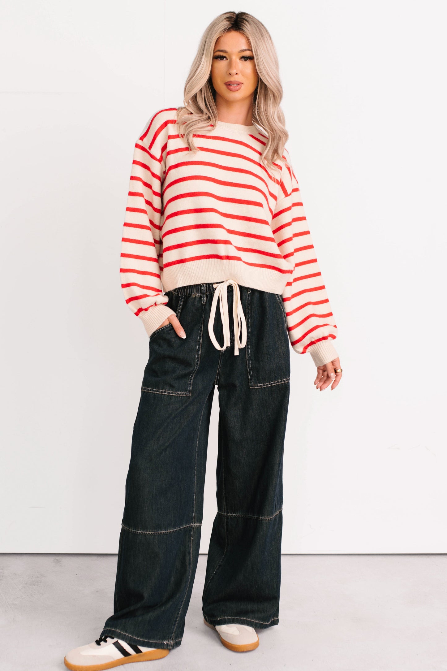 Morning Rituals Striped Button Detail Sweater (Red)