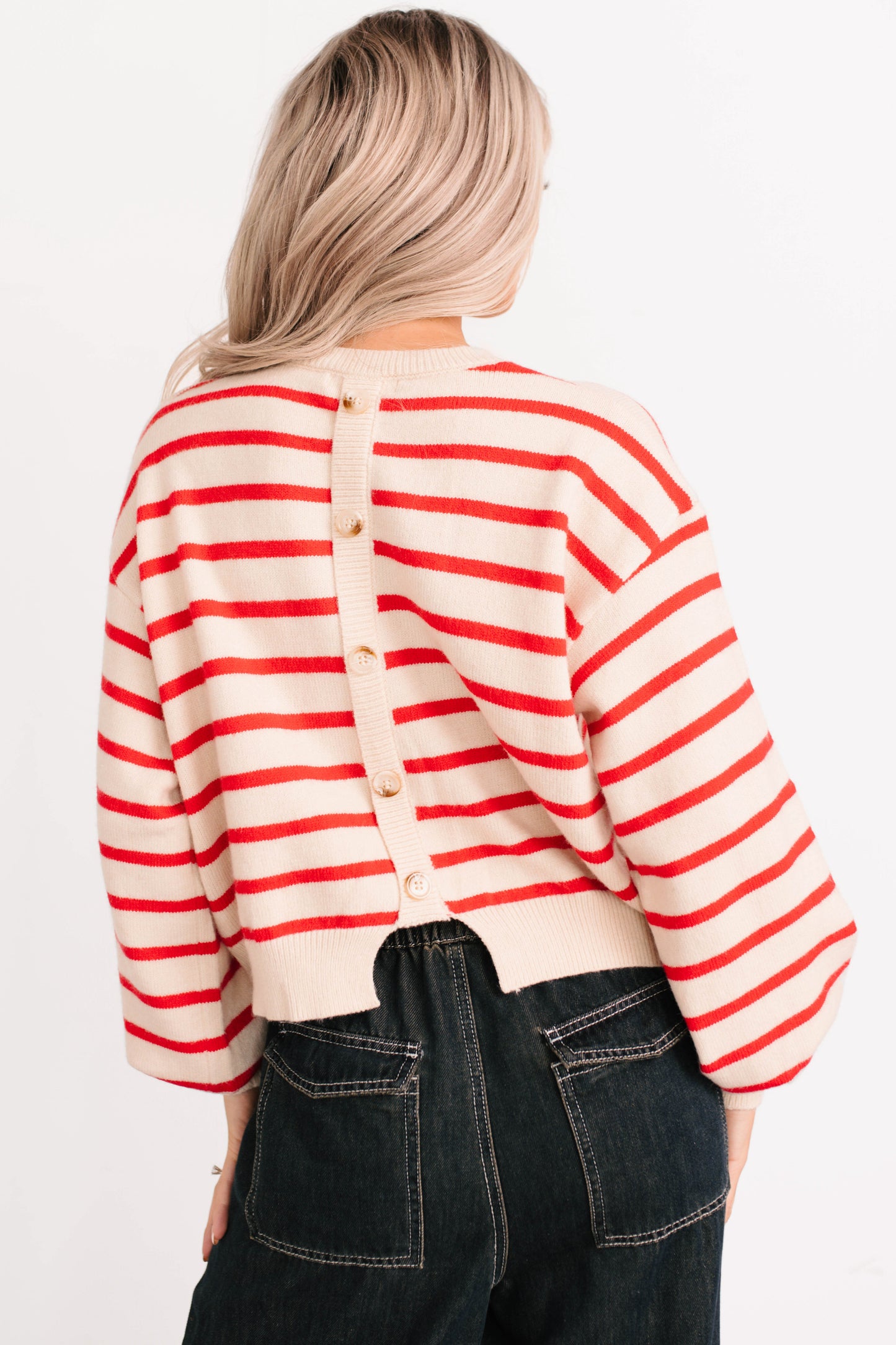 Morning Rituals Striped Button Detail Sweater (Red)
