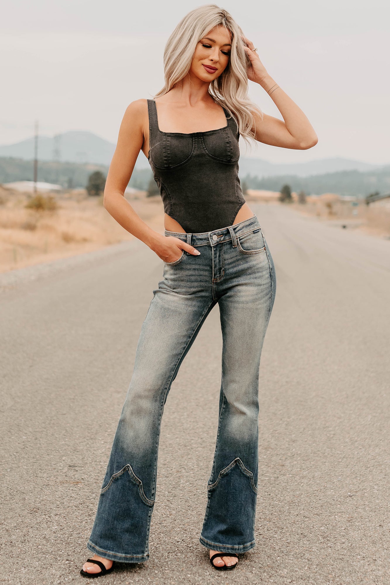 Fueled By Confidence Signature 8 Stretchy Denim Bodysuit (Washed Black)