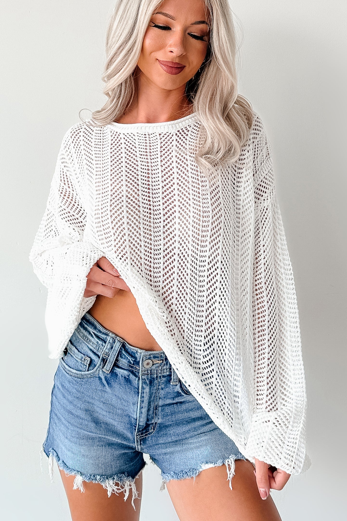 Feel Good Flow Open Knit Zenana Sweater (Ivory)