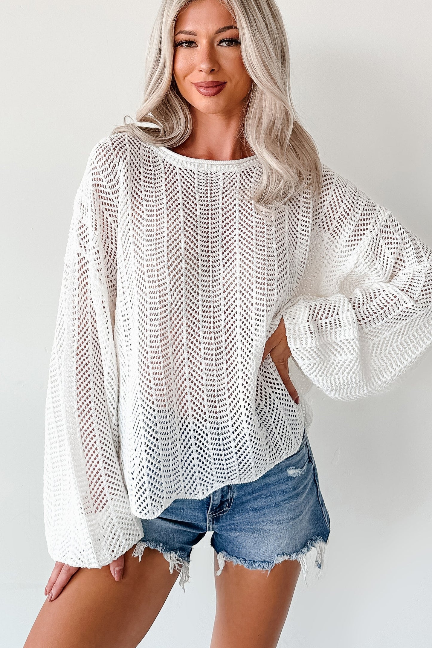 Feel Good Flow Open Knit Zenana Sweater (Ivory)