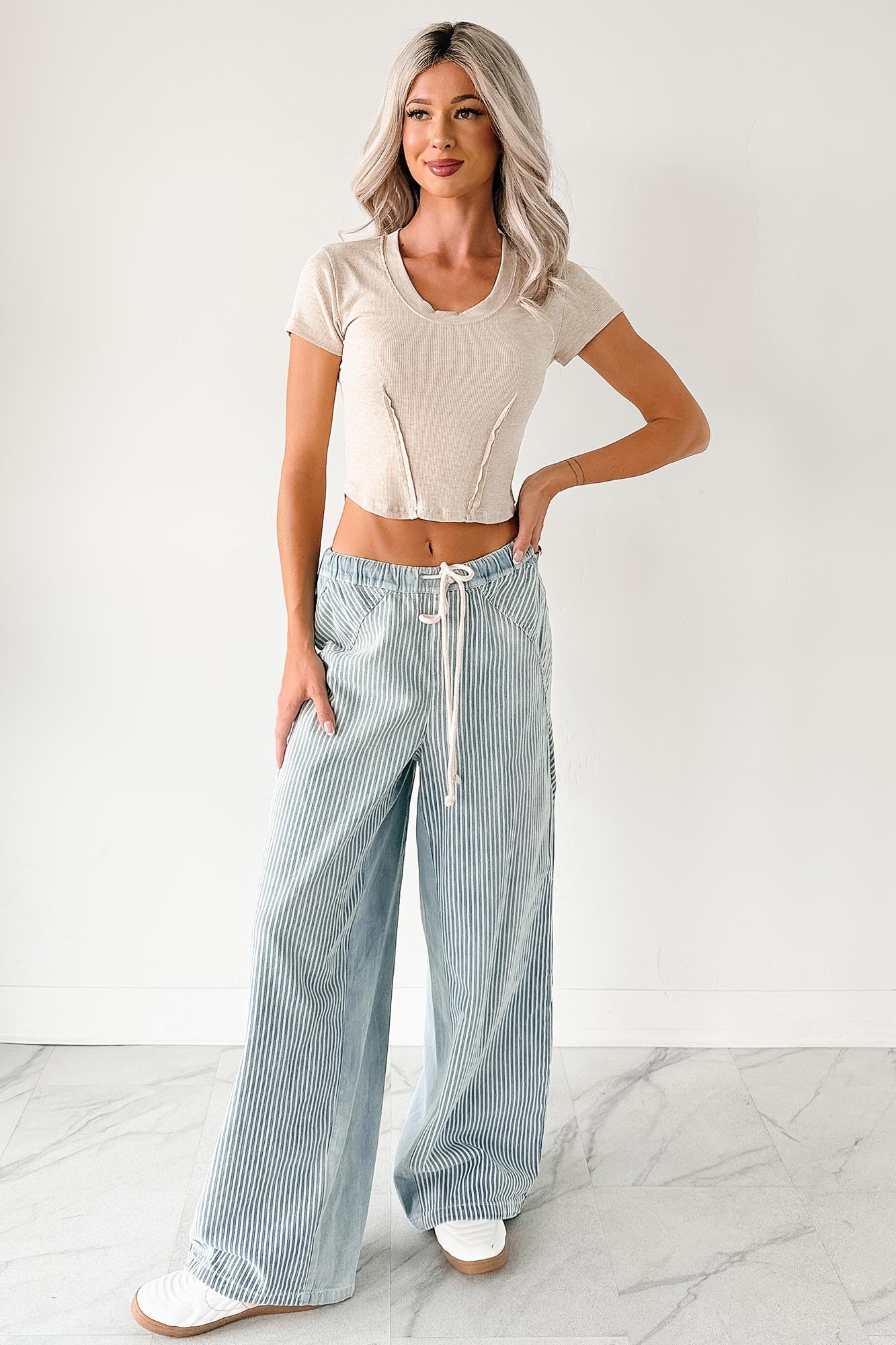 Franklin Striped Drawstring Wide Leg Jeans (Denim)