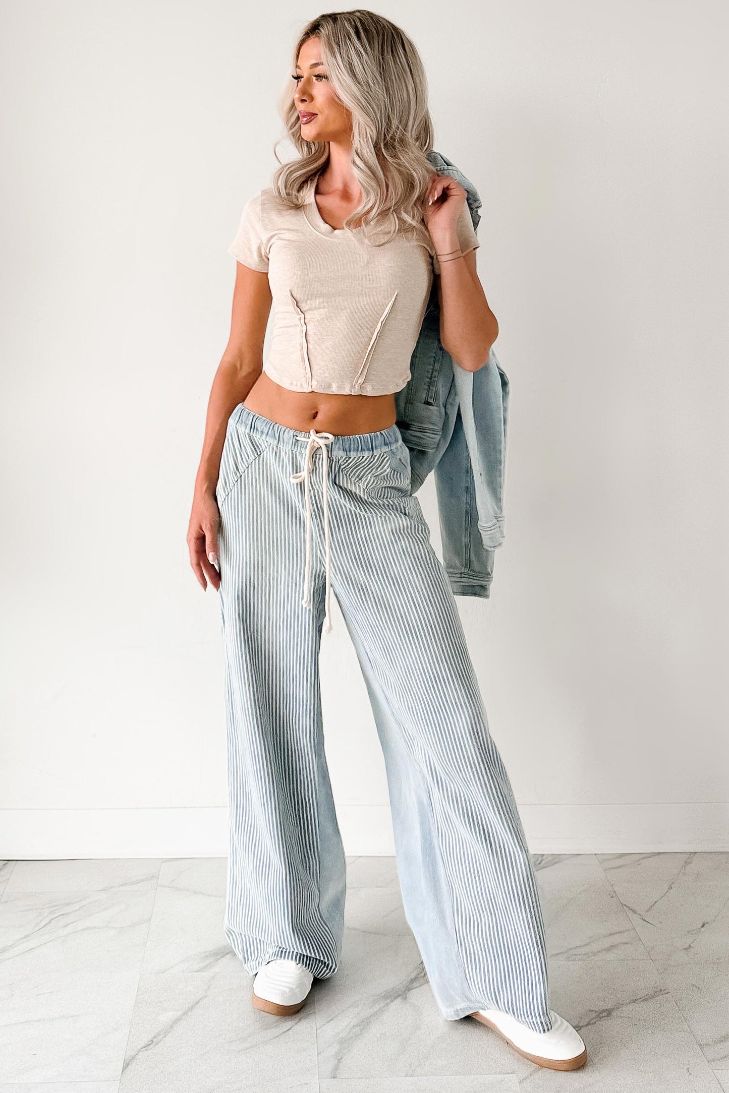 Franklin Striped Drawstring Wide Leg Jeans (Denim)