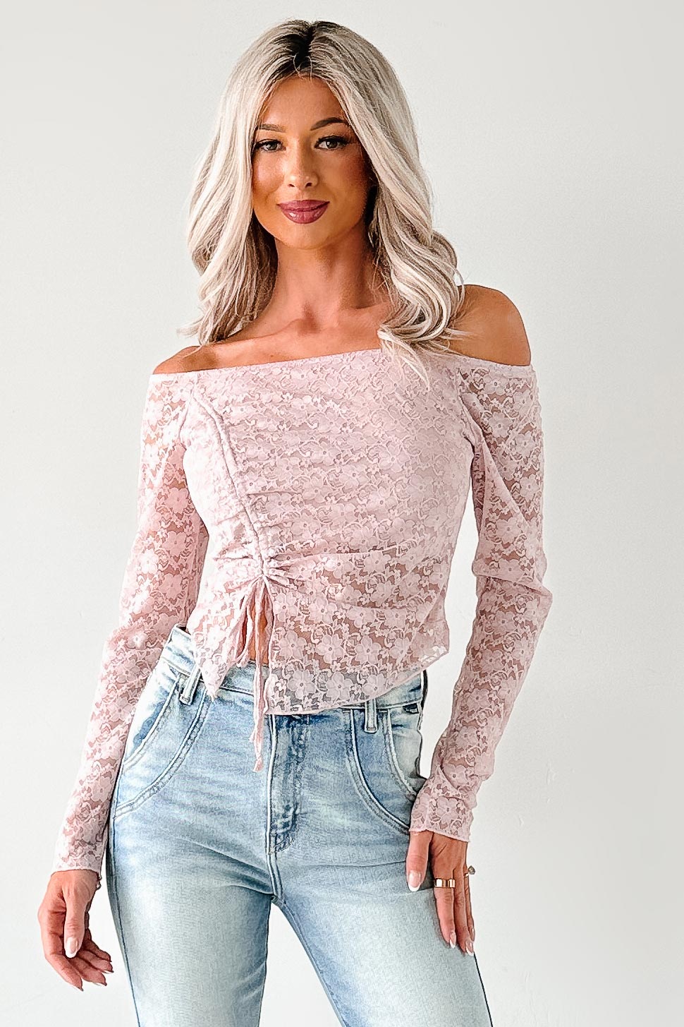 Up To Standard Ruched Lace Asymmetric Top (Blush)