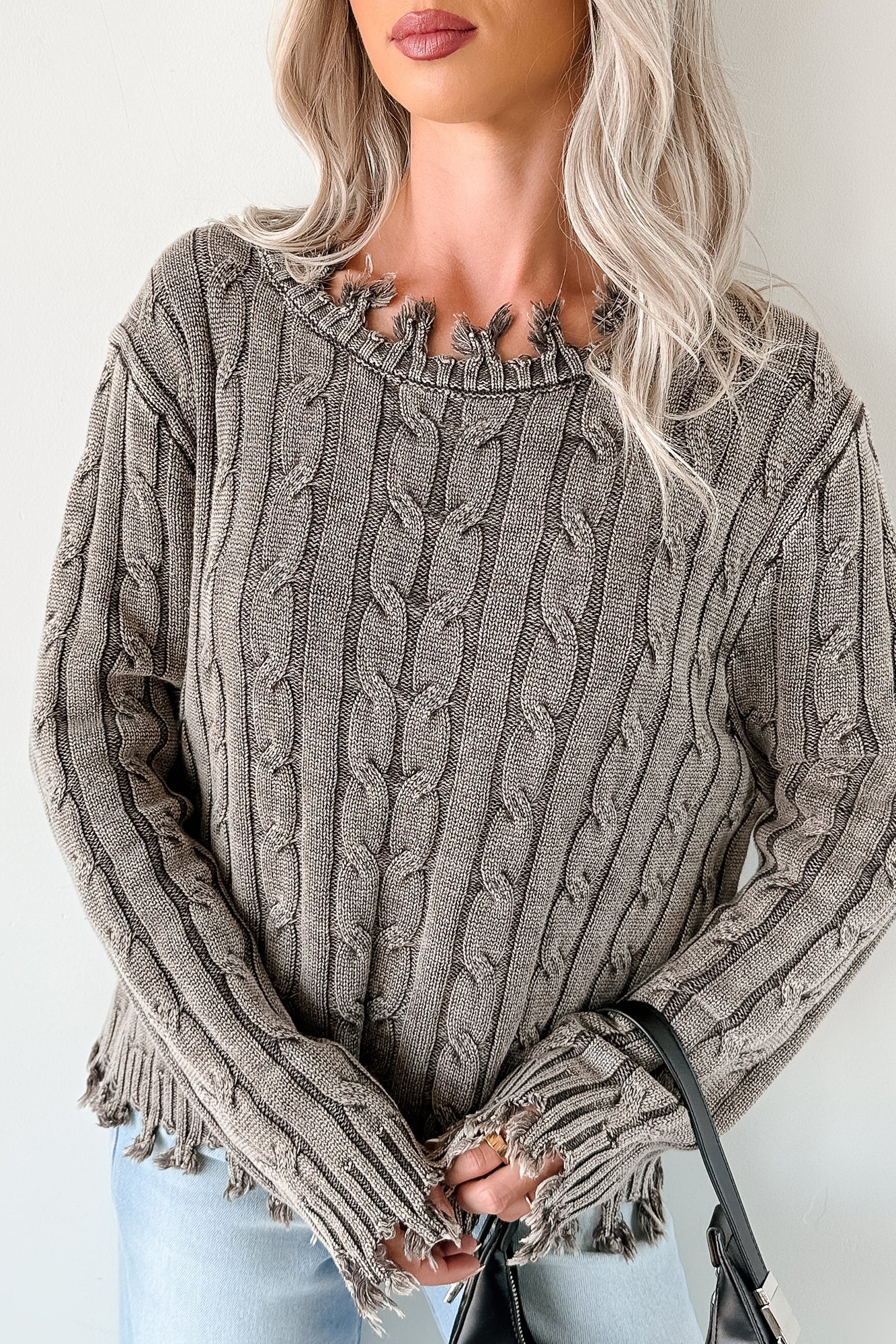 Unwritten Future Cable Knit Fringe Zenana Sweater (Brown)
