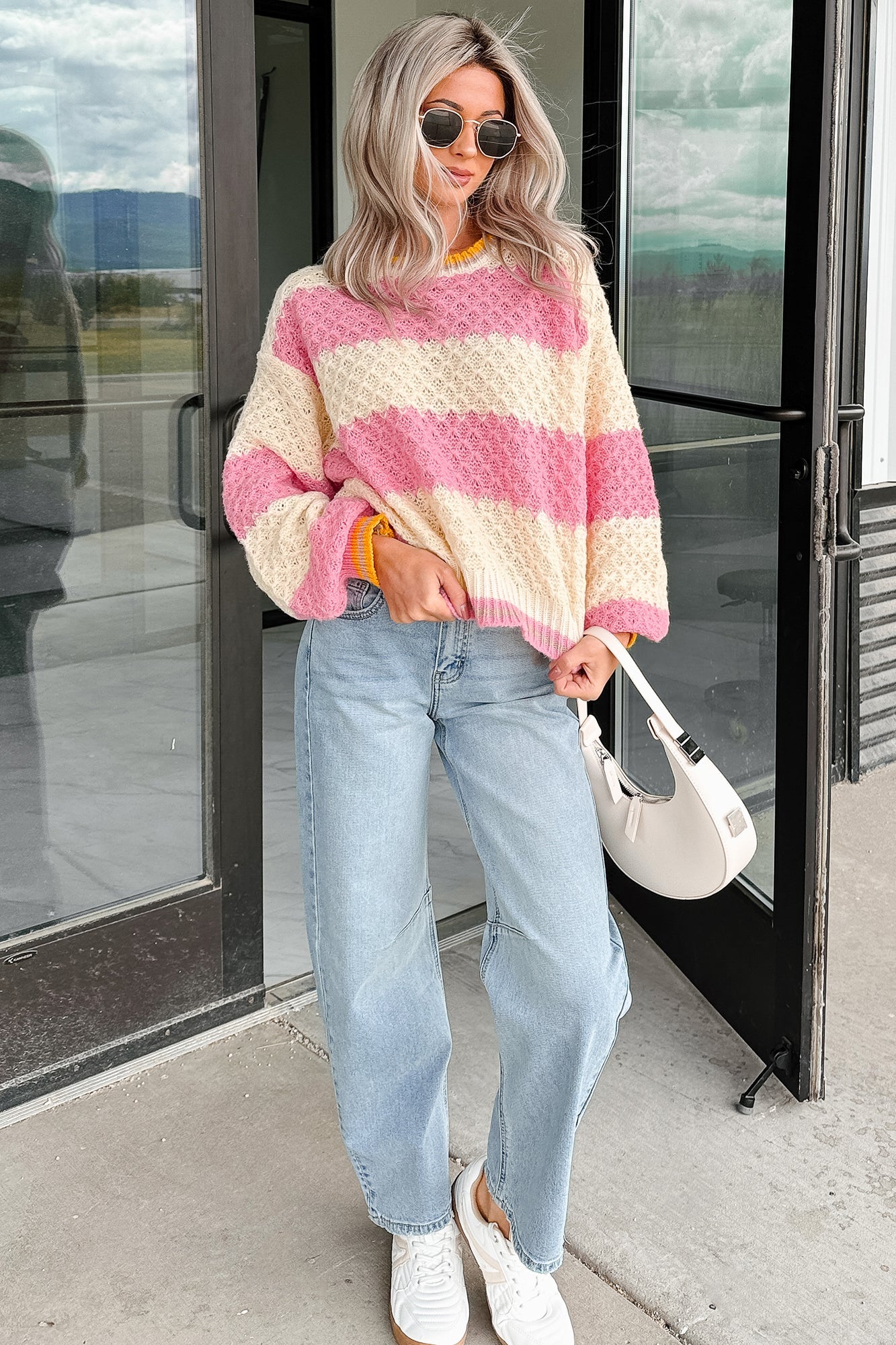Warm Whispers Striped Crochet Knit POL Sweater (Pink)