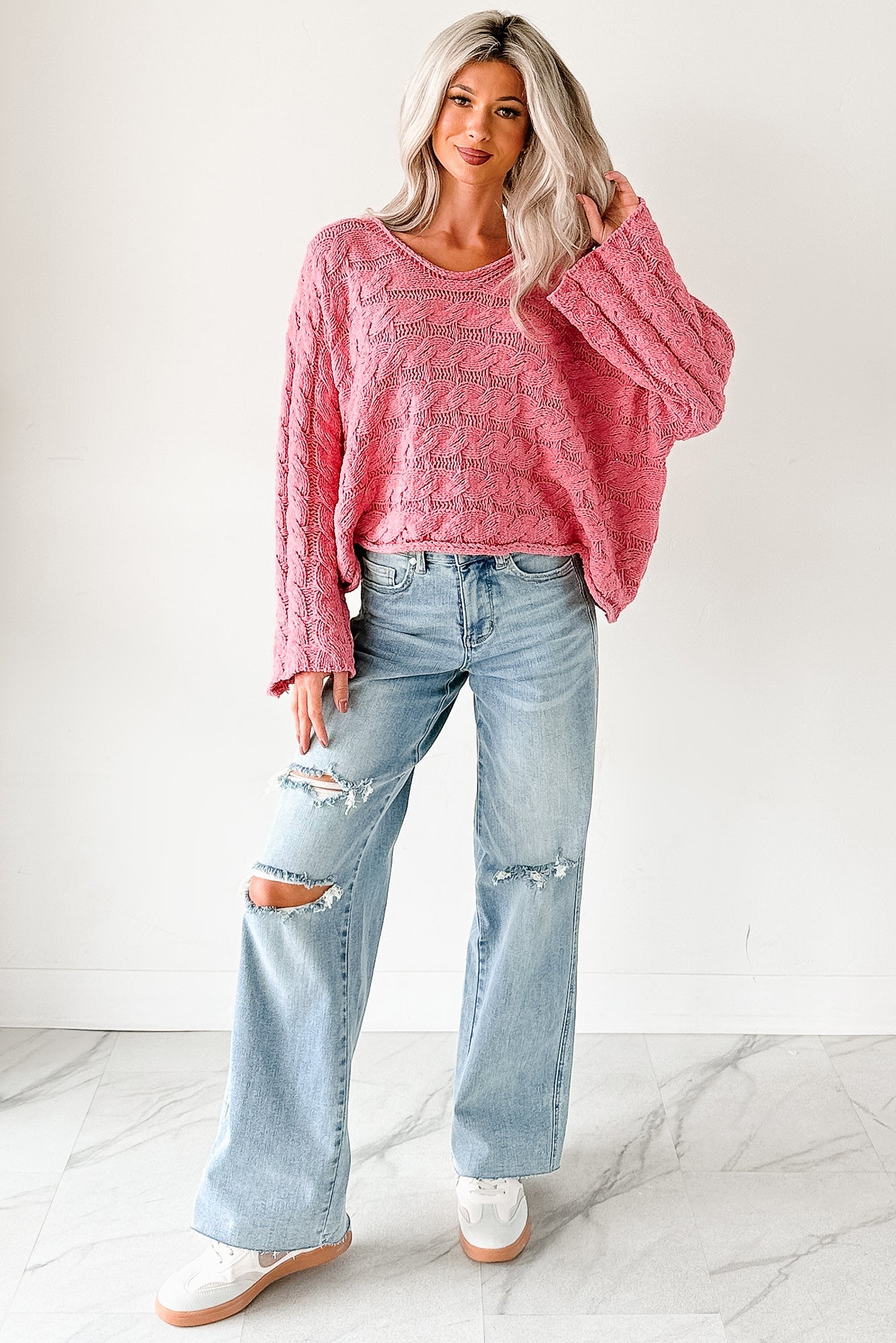 Making My Way Cable Knit POL Sweater (Pink)