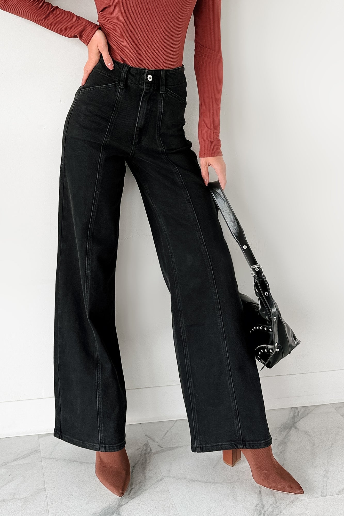 Nelson High Rise Wide Leg Mica Denim Jeans (Black)