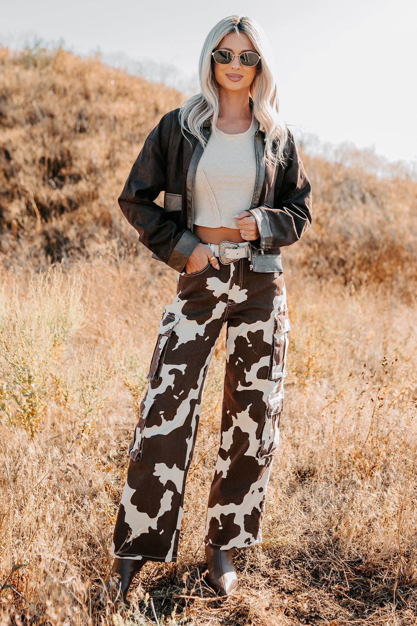 Mirabel Wide Leg Cow Print Balboa Jeans (Brown)