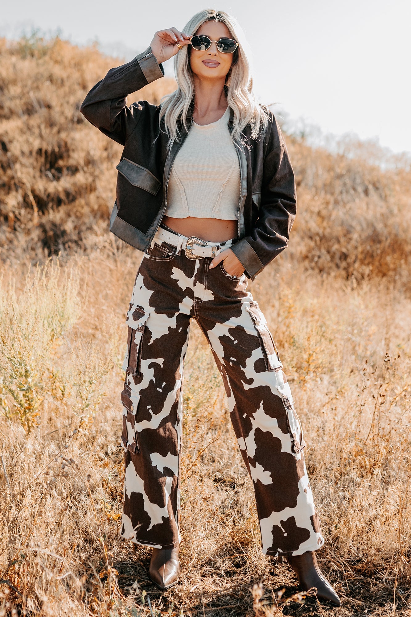 Mirabel Wide Leg Cow Print Balboa Jeans (Brown)
