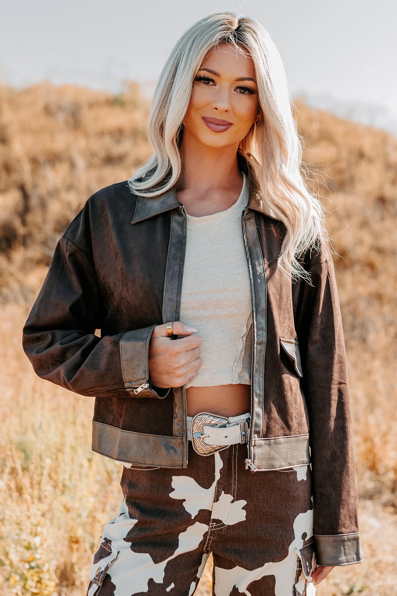 The Takeover Suede Faux Leather Jacket (Dark Brown)