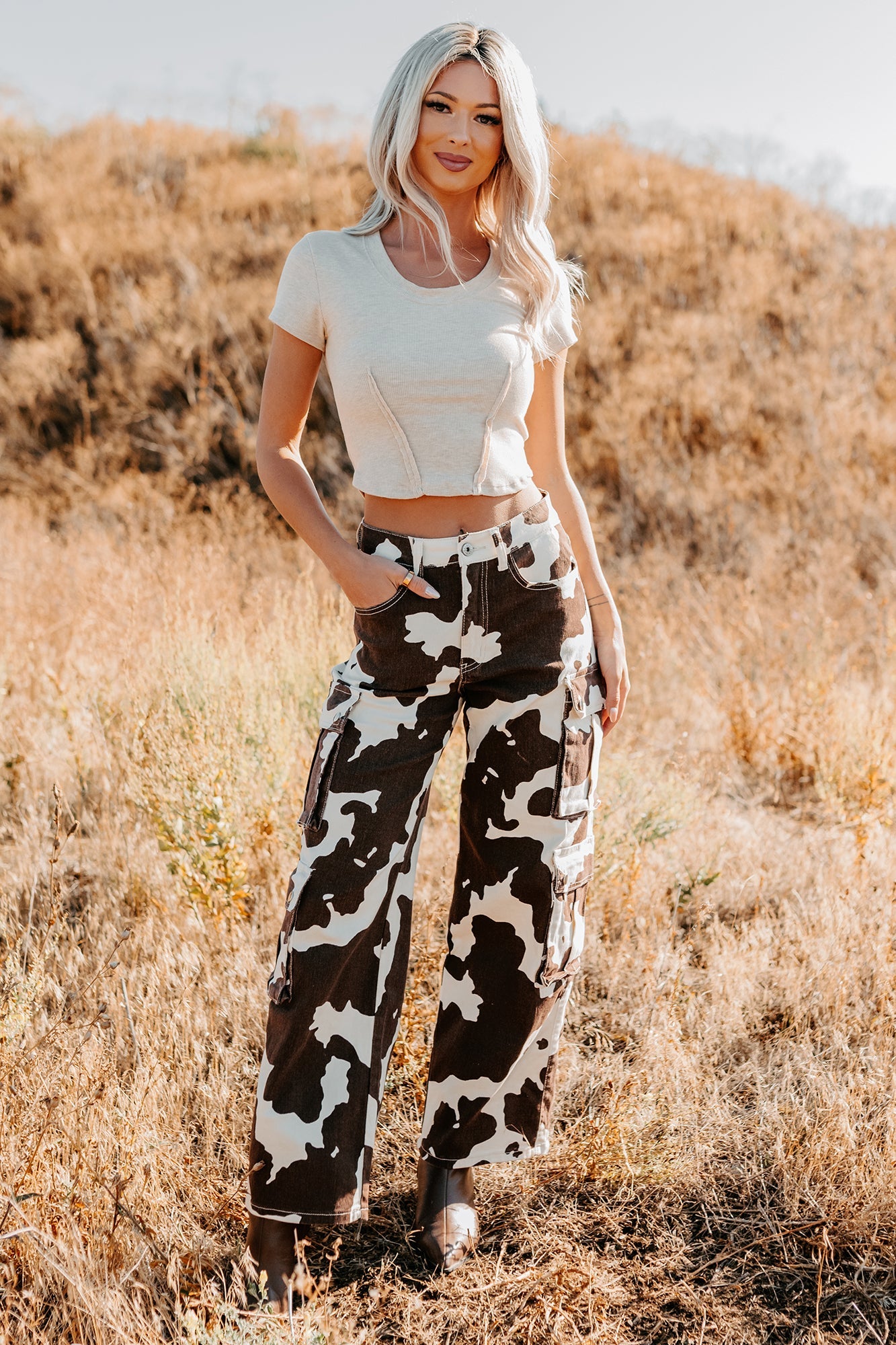 Mirabel Wide Leg Cow Print Balboa Jeans (Brown)