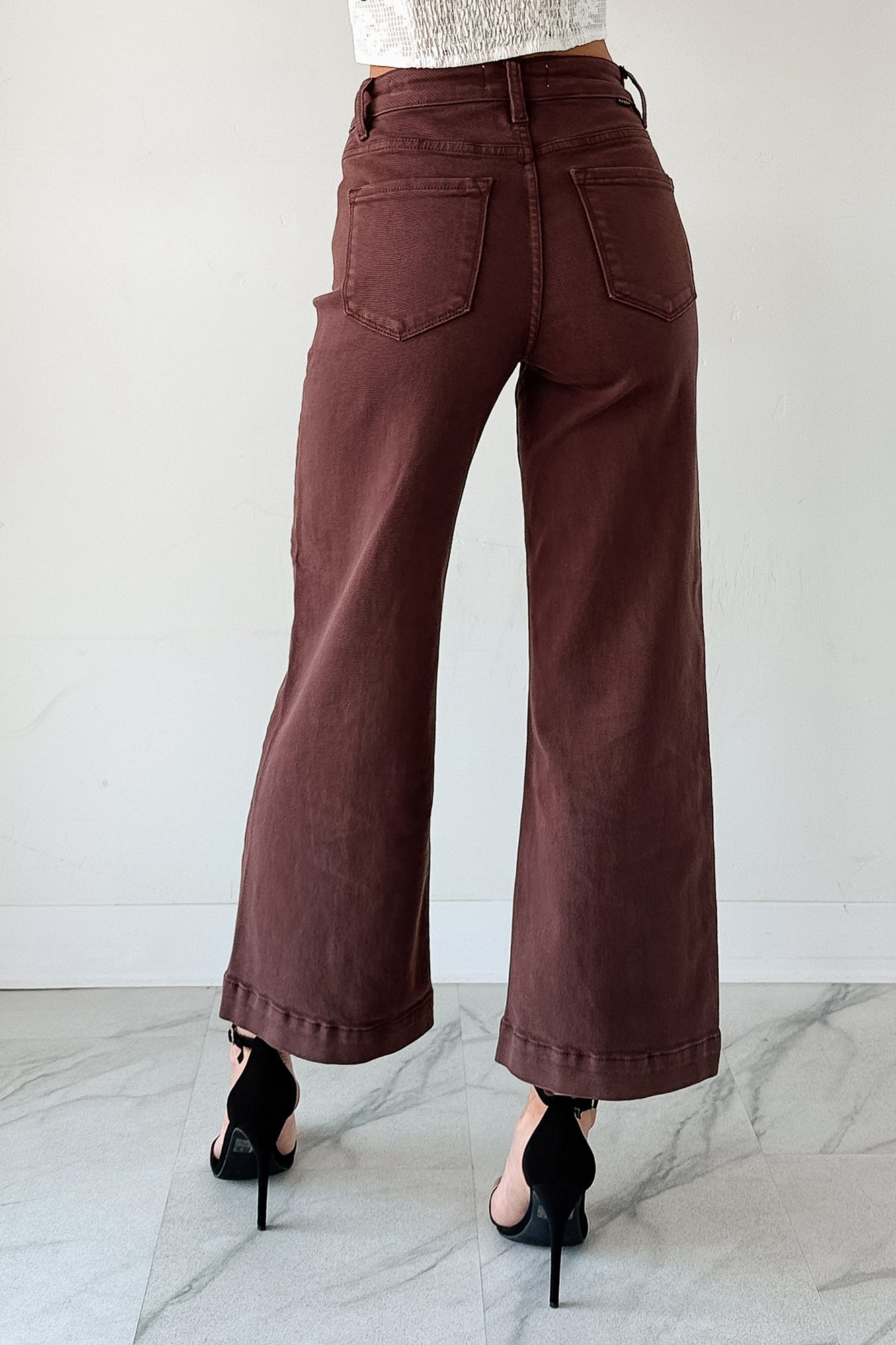 Maizie Tummy Control Wide Leg Cropped Risen Jeans (Choco Brown)
