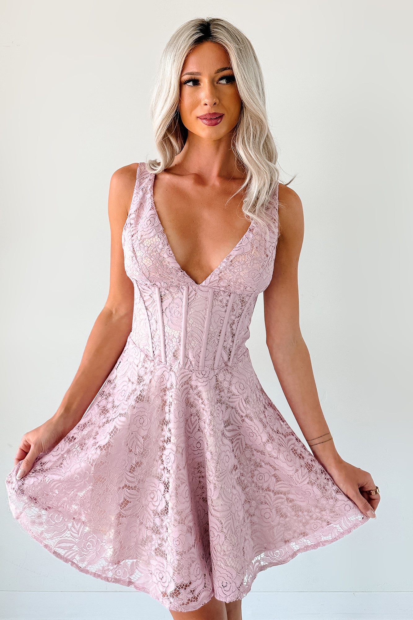 Dangerously Sweet Lace Corset Style Mini Dress (Pink)